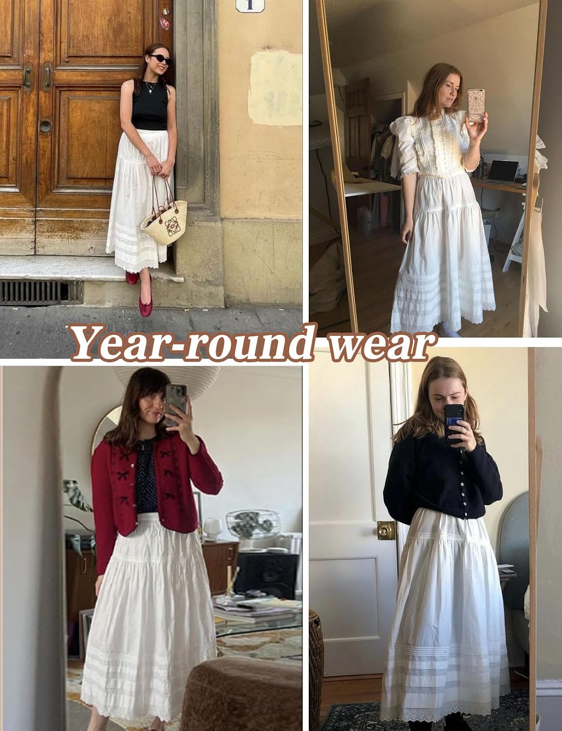 100% Cotton Women White Maxi Skirt Elastic Waist Peasant A Line Flowy Swing Lace Skirt Dress No Lining