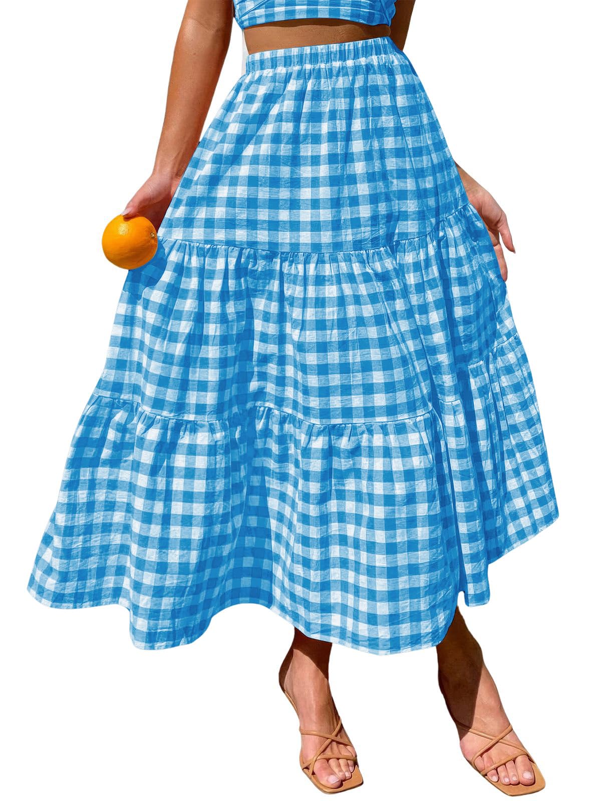 ebossy Women's Candy Color Slim Fit Elastic High Waist Plaid Gingham Tiered Flowy Boho Maxi Skirts with Pockets