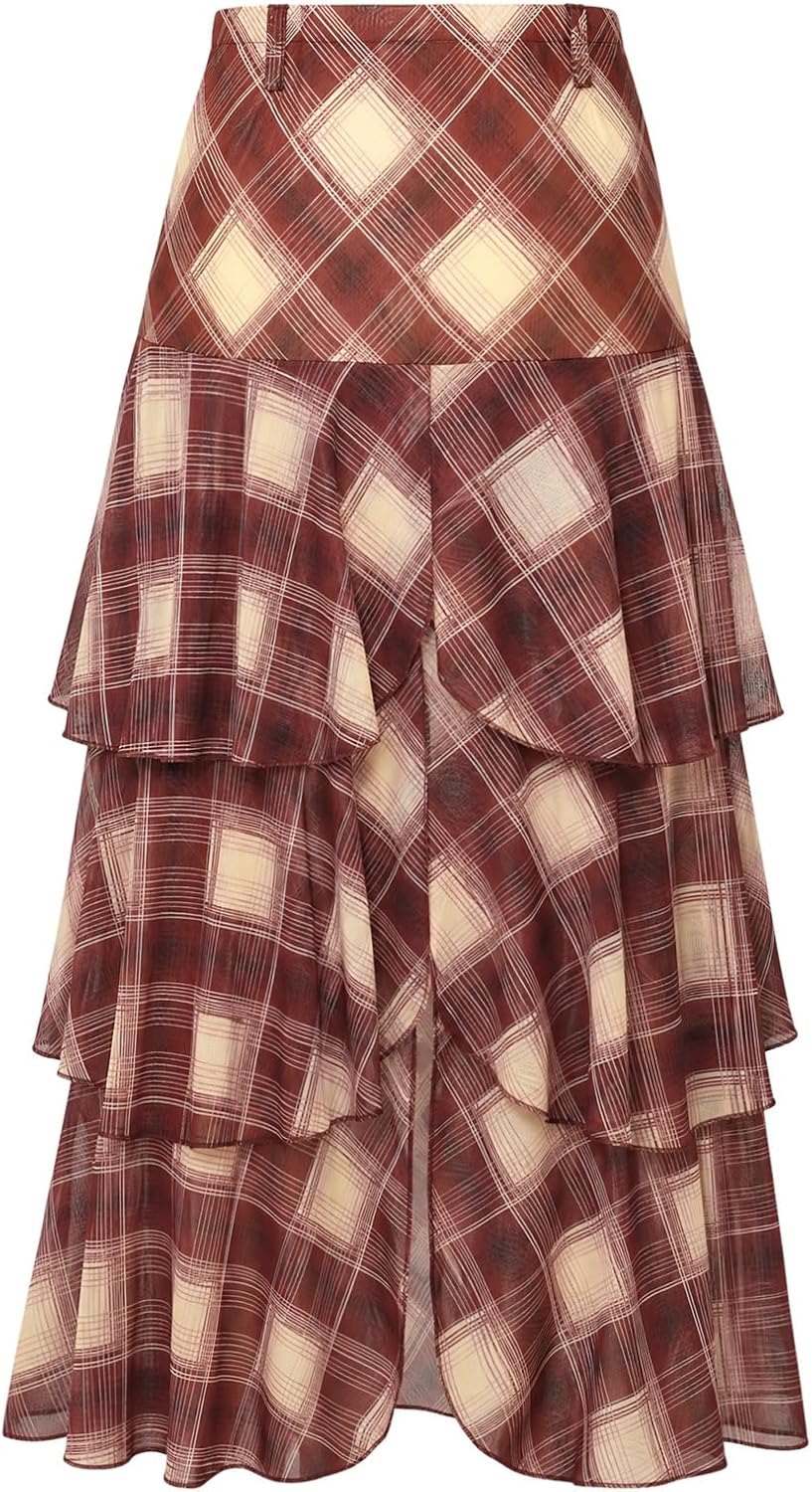 Wenrine Womens Mesh Maxi Skirt Polka Dot Front Split Tiered Plaid Skirts