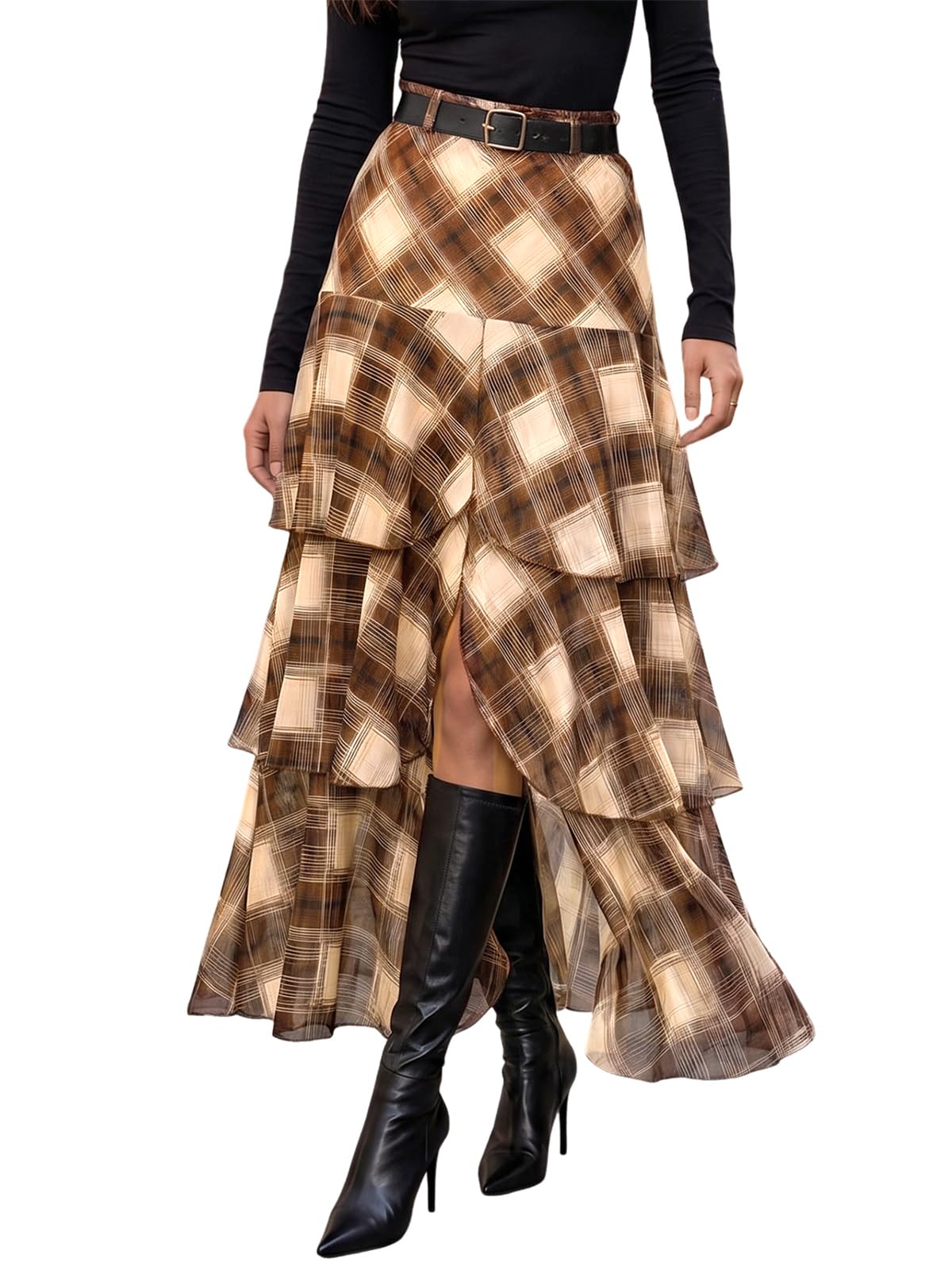 Wenrine Womens Mesh Maxi Skirt Polka Dot Front Split Tiered Plaid Skirts