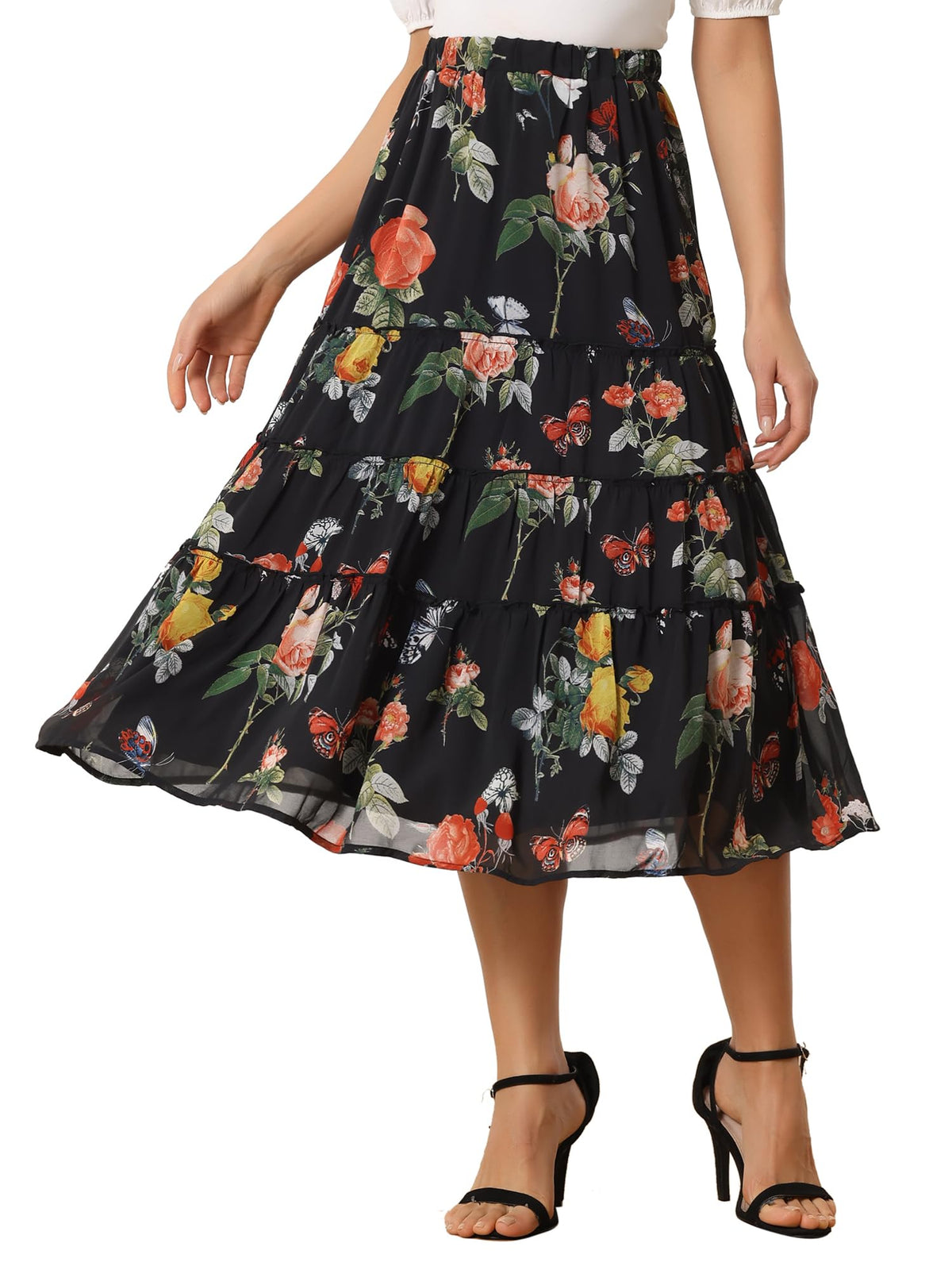Allegra K Women's Floral Skirt Chiffon A-line Long Tiered Ruffle Maxi Skirt