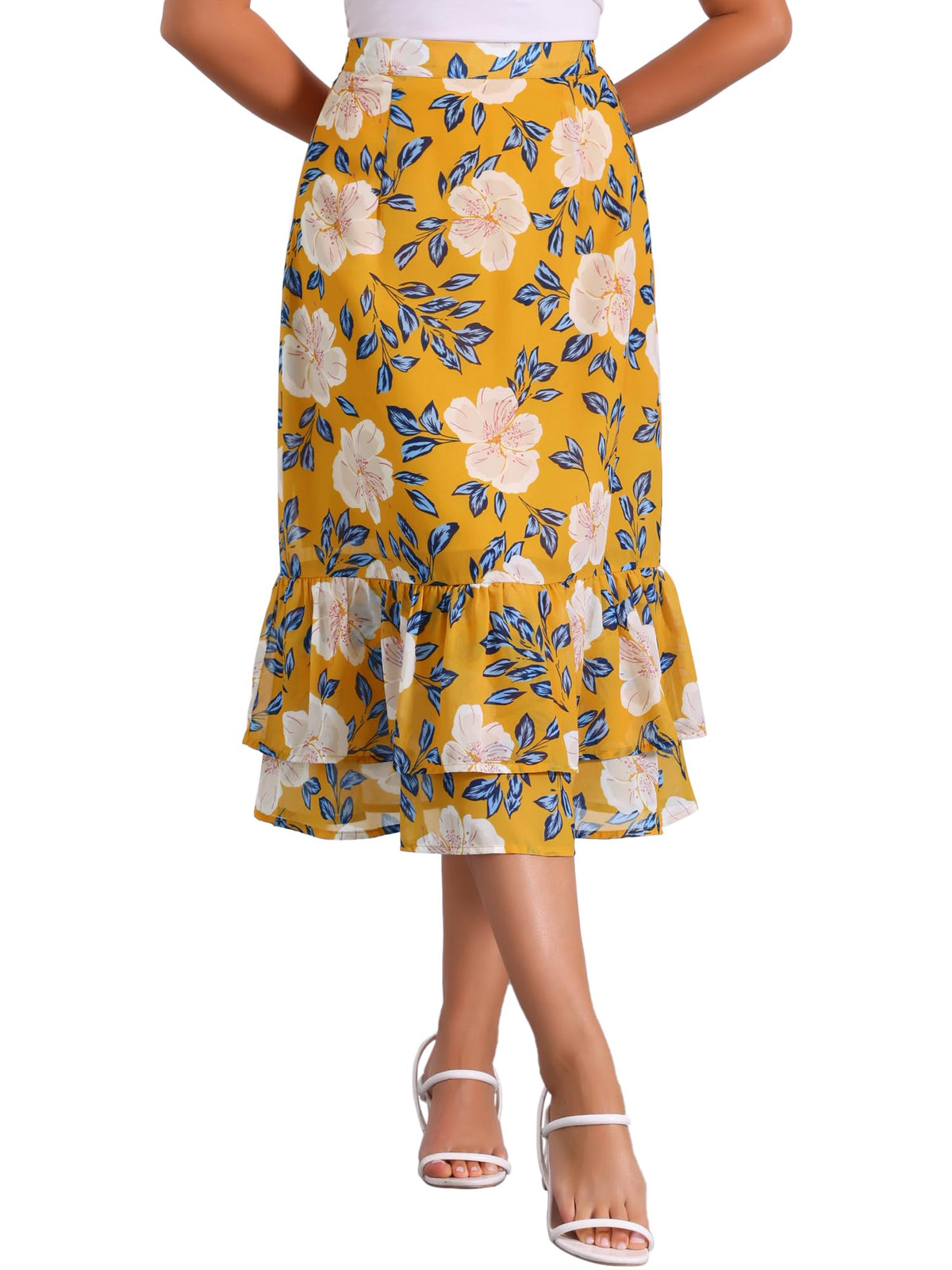 Allegra K Women's Printed Skirt Chiffon Ruffle Tiered Flowy Midi Skirts