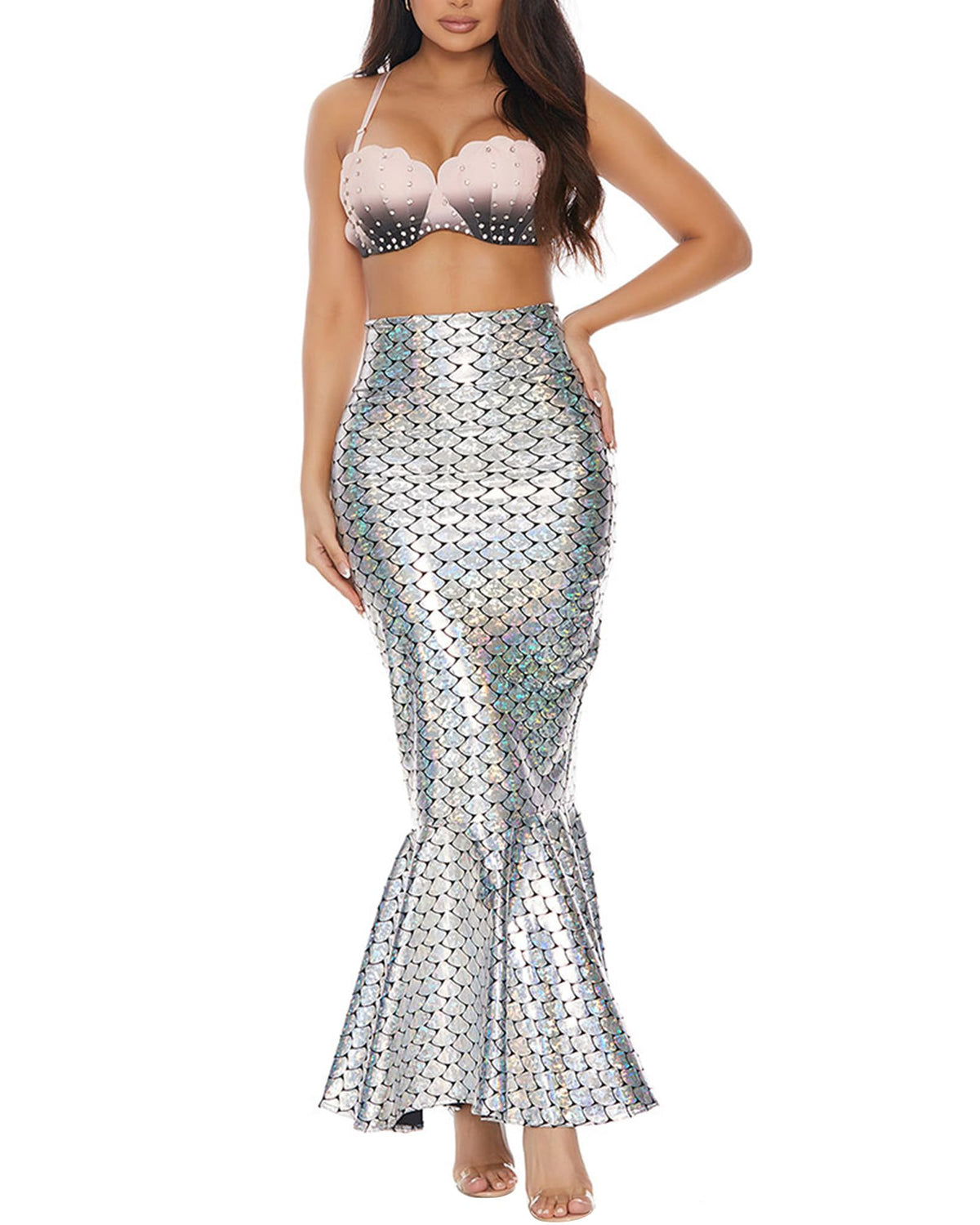 Women Halloween Mermaid Costumes High Waist Sequin Scales Bodycon Fishtail Skirt Masquerade Cosplay Party Outfits