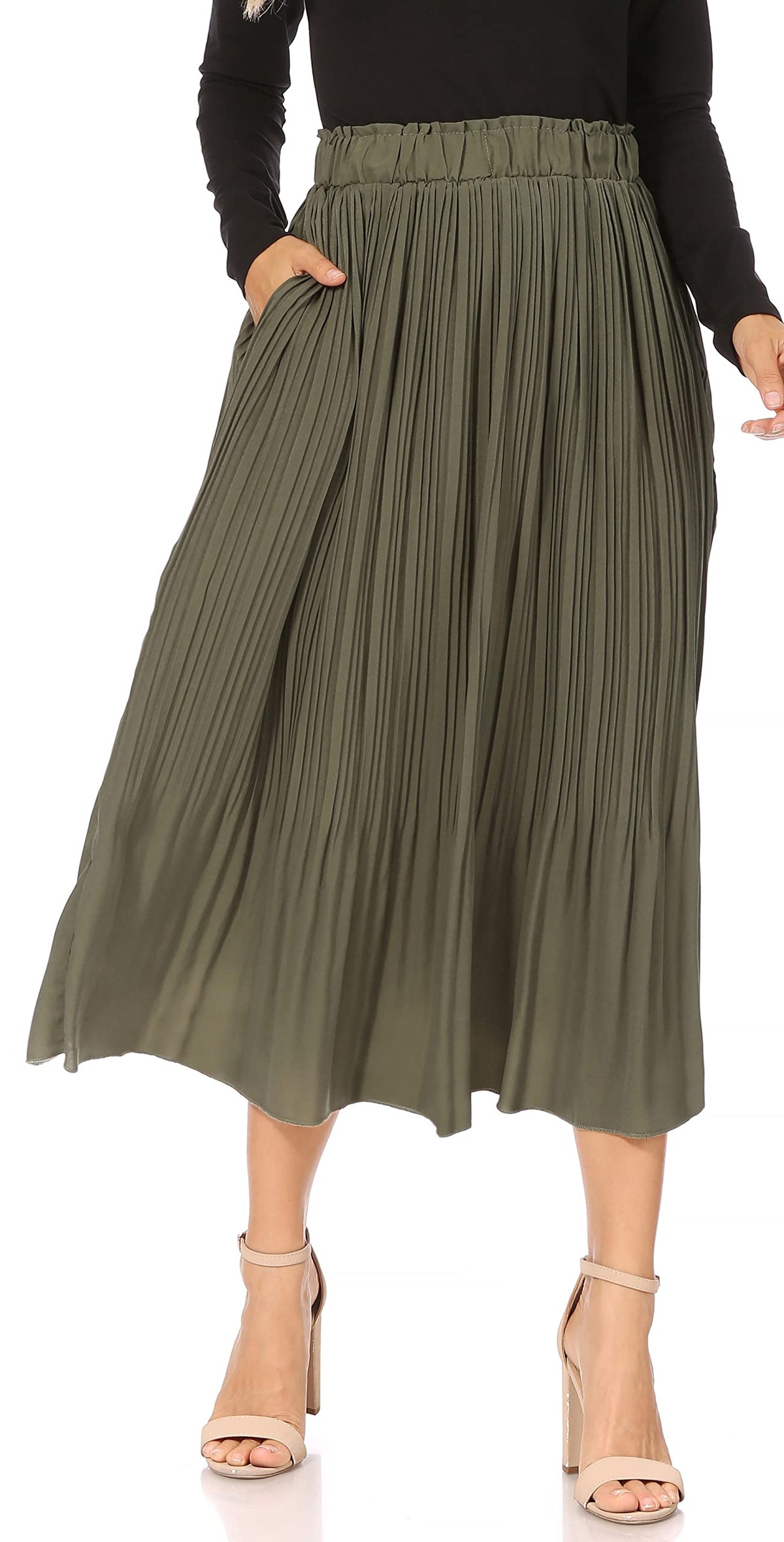 Simlu Pleated Midi Skirts for Women with Pockets, Elastic High Waisted Skirt Reg & Plus Size Womens Summer Skirts Trendy 2023