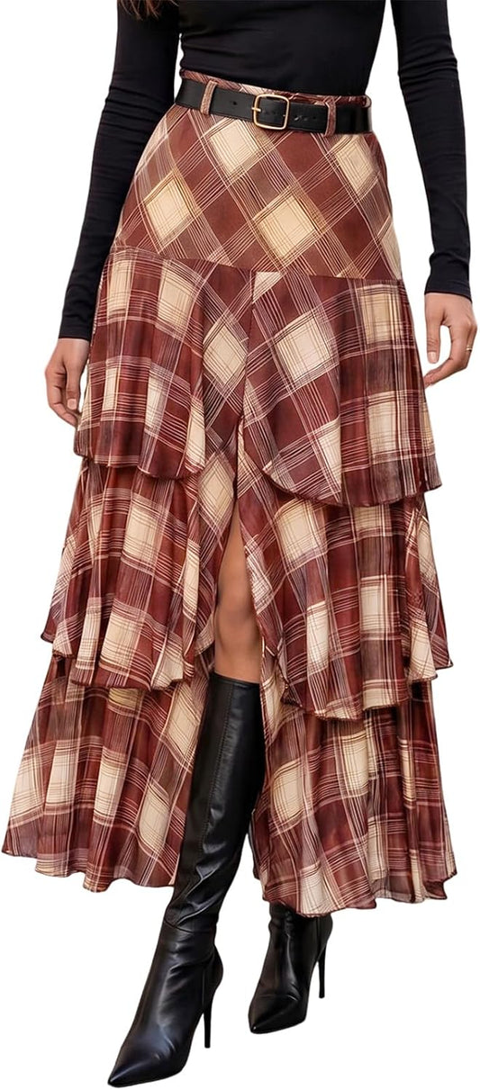 Wenrine Womens Mesh Maxi Skirt Polka Dot Front Split Tiered Plaid Skirts