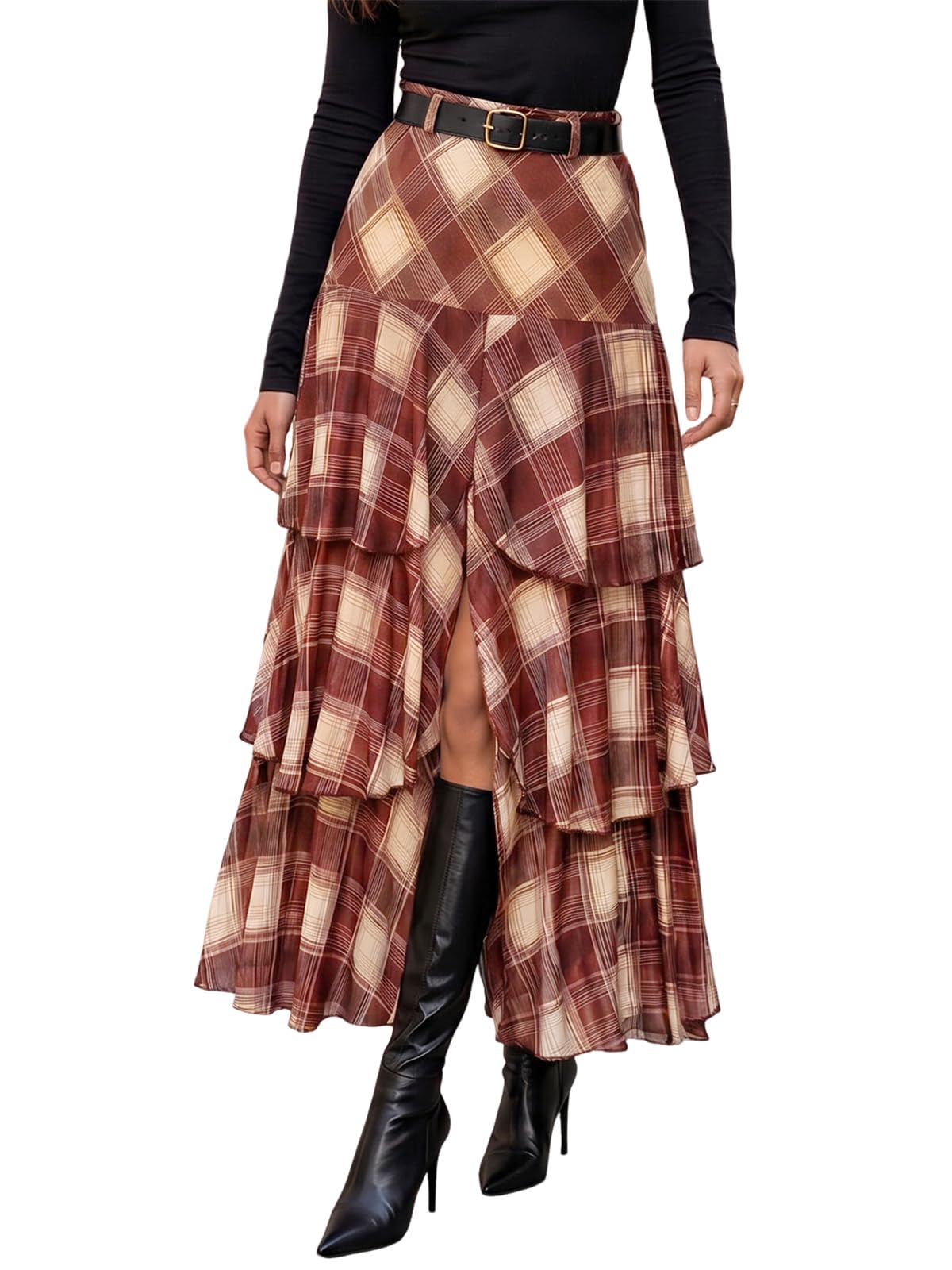 Wenrine Womens Mesh Maxi Skirt Polka Dot Front Split Tiered Plaid Skirts