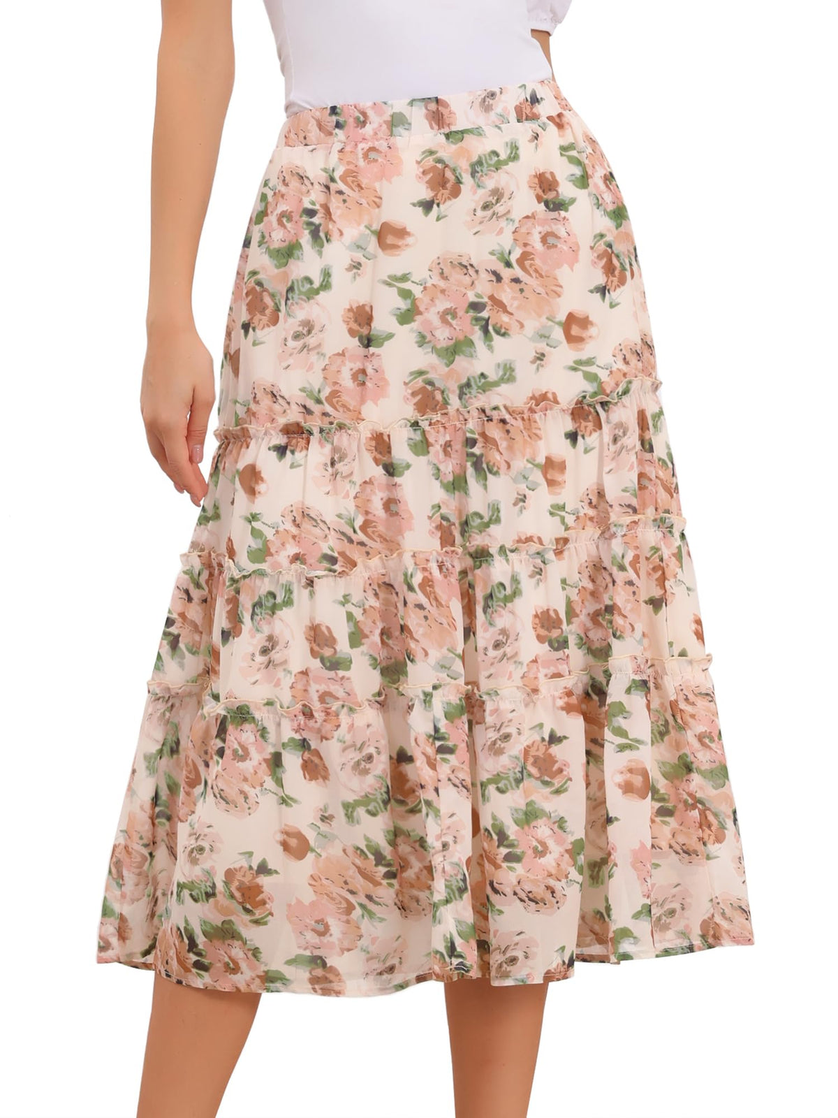 Allegra K Women's Floral Skirt Chiffon A-line Long Tiered Ruffle Maxi Skirt