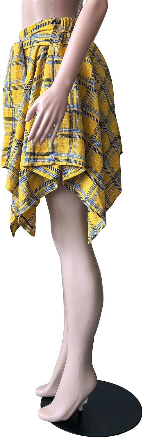 YBSKG Womens Plaid Skirts Elastic High Waist Tie Front Pleated Mini Skirt