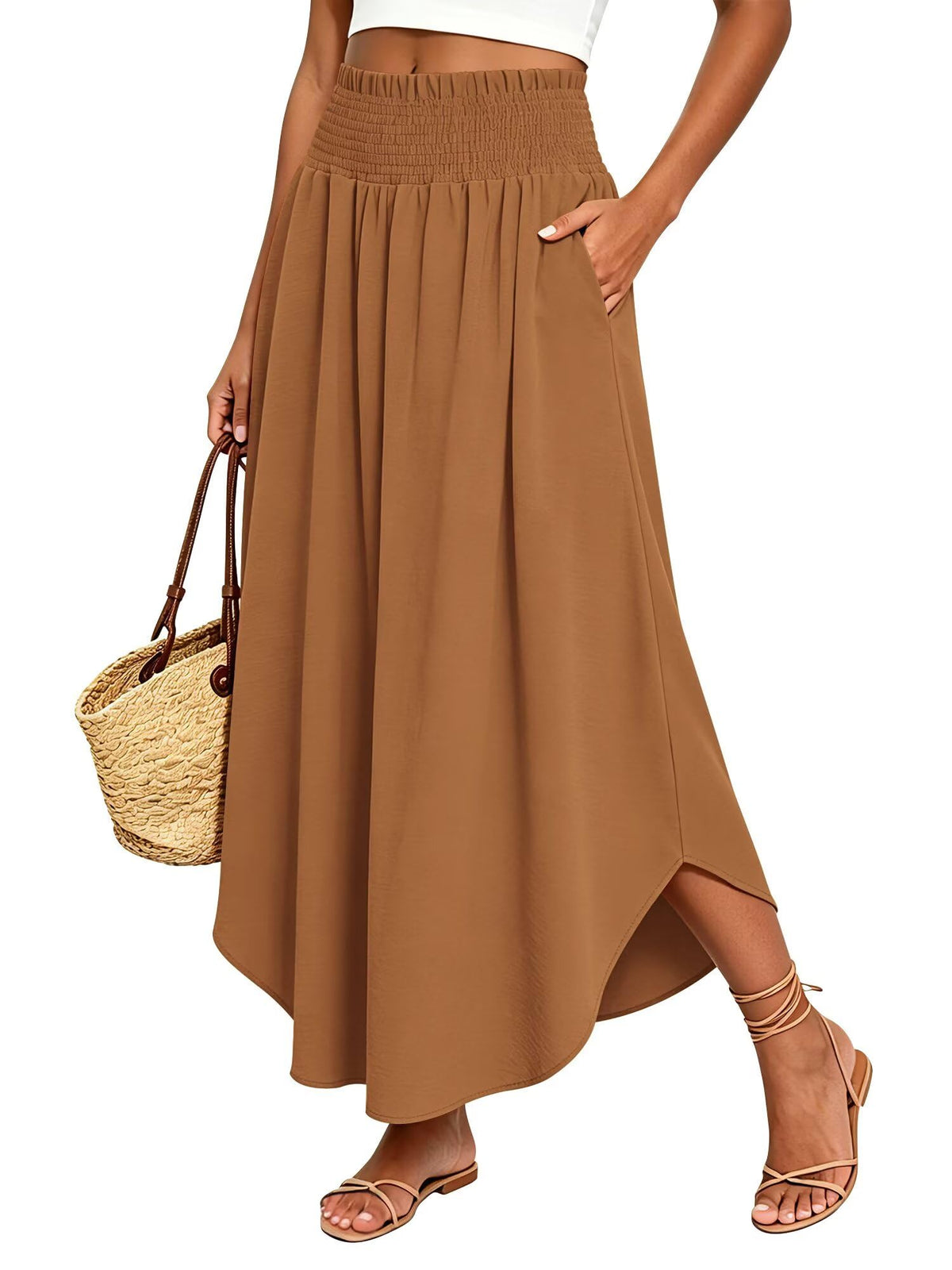 StunShow Women's Maxi Skirts Boho High Waisted Flowy A Line Pleated Beach Long Skirt with Pockets(S-XXL)