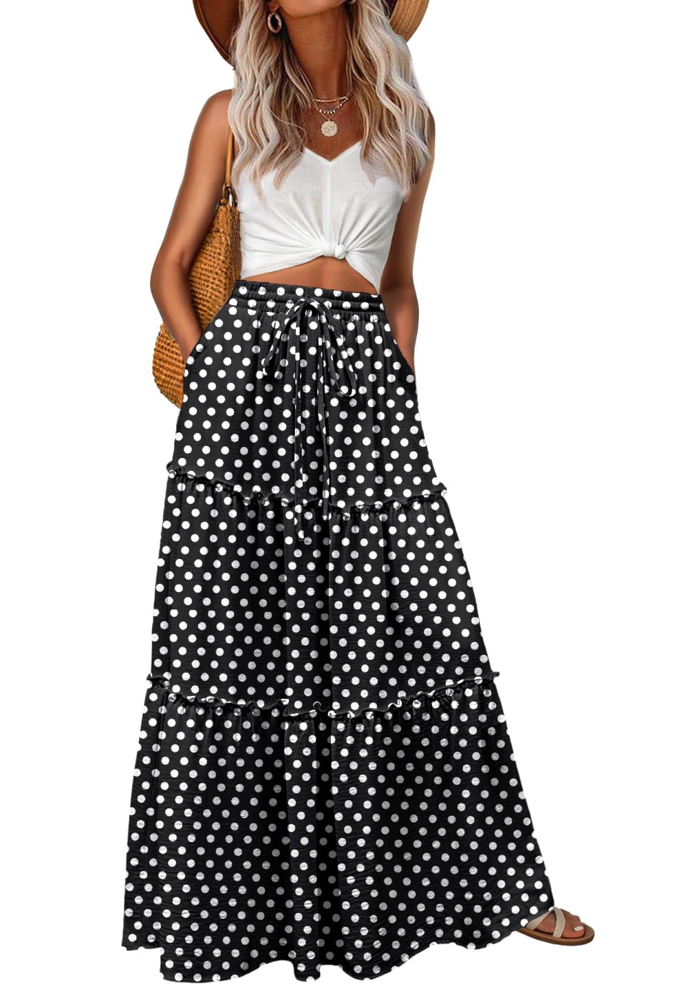Lepunuo Womens Casual Boho High Waisted Flowy Maxi Skirts Tiered Floral Long Skirts with Pockets for Summer Beach Vacation