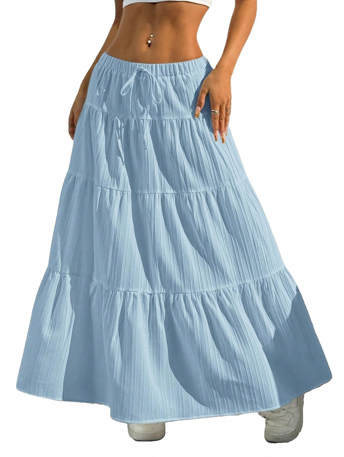 Maxi Skirt for Women Long Boho Flowy Ruffle Elastic High Waist