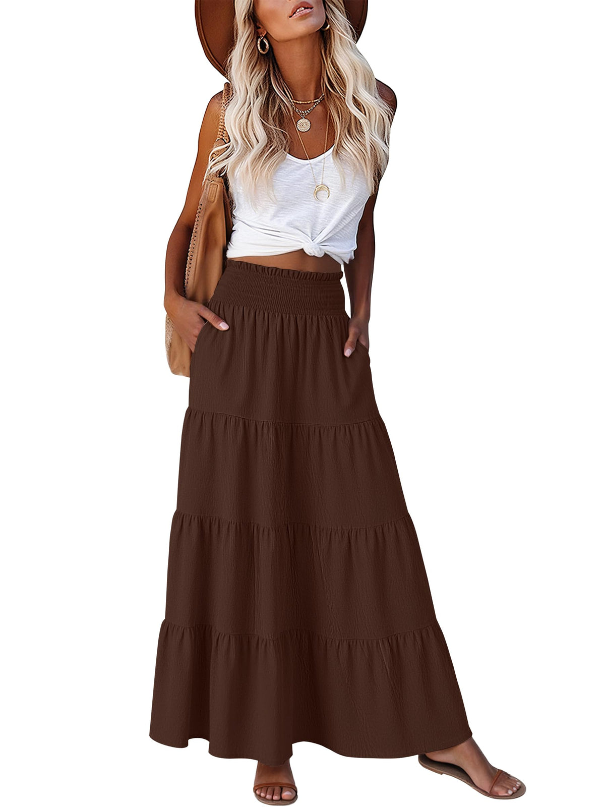 ANRABESS Womens Maxi Skirts, Elastic High Waist A-Line Tiered, Long Flowy Boho Skirts, Summer Casual Beach & Vacation Wear