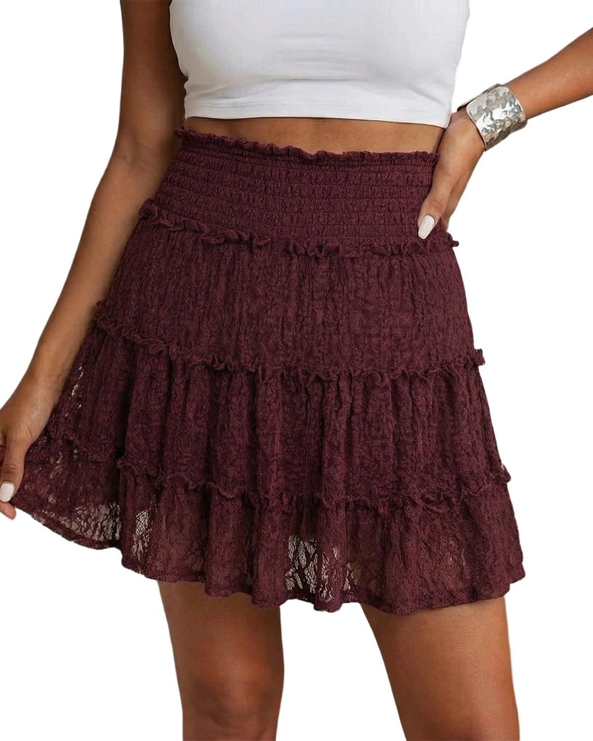 Womens Lace Mini Skirt Skort High Waisted Flowy Skirts with Shorts