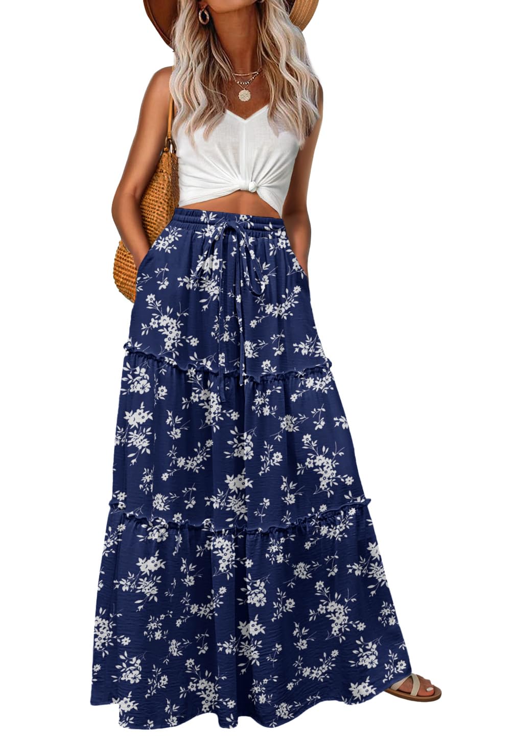 Lepunuo Womens Casual Boho High Waisted Flowy Maxi Skirts Tiered Floral Long Skirts with Pockets for Summer Beach Vacation