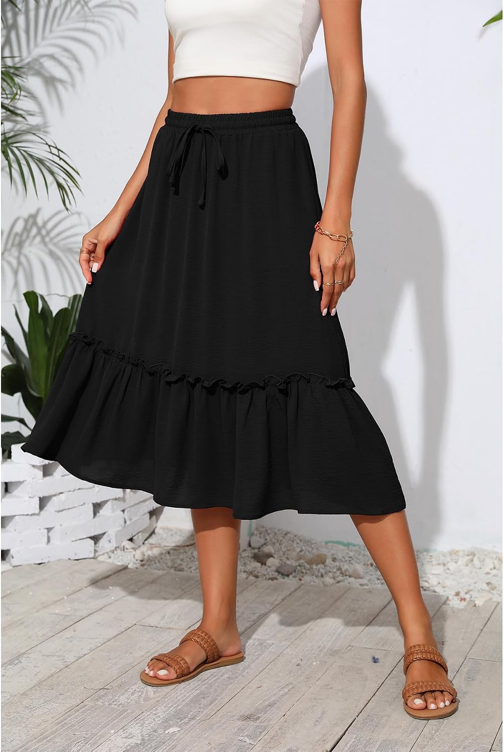 Witsmile Womens High Waist Tiered Midi Skirt Flowy Long Length with Pockets