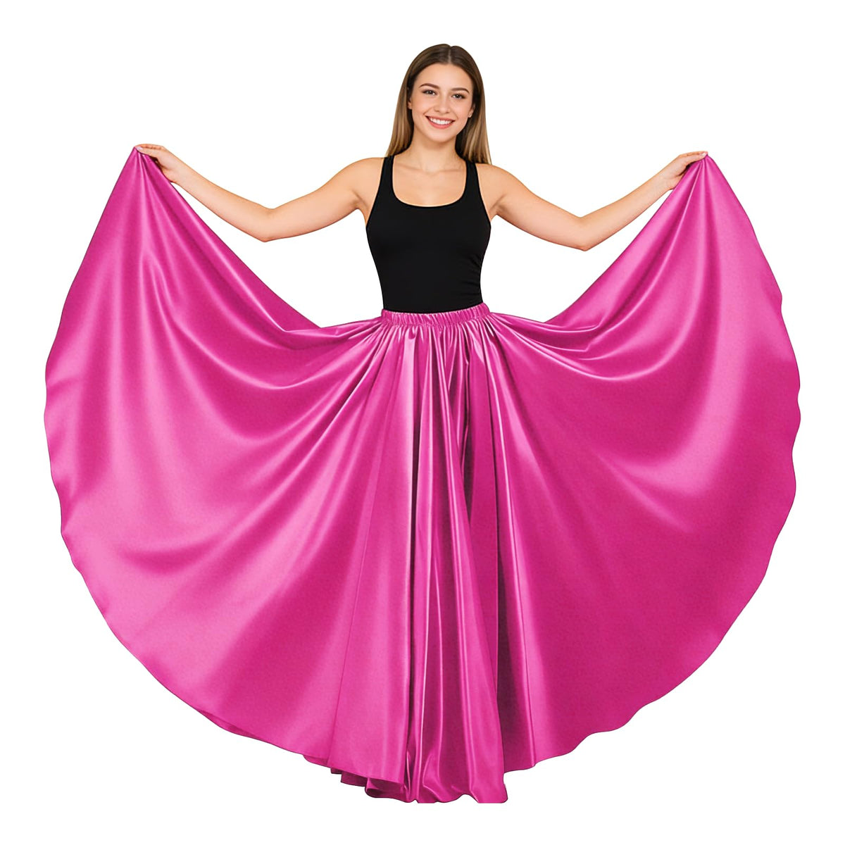 Women Satin Full Circle Ankle Length Swing Long Skirt Maxi Shiny Skirt for Party Cosplay Belly Dance Performance Costume