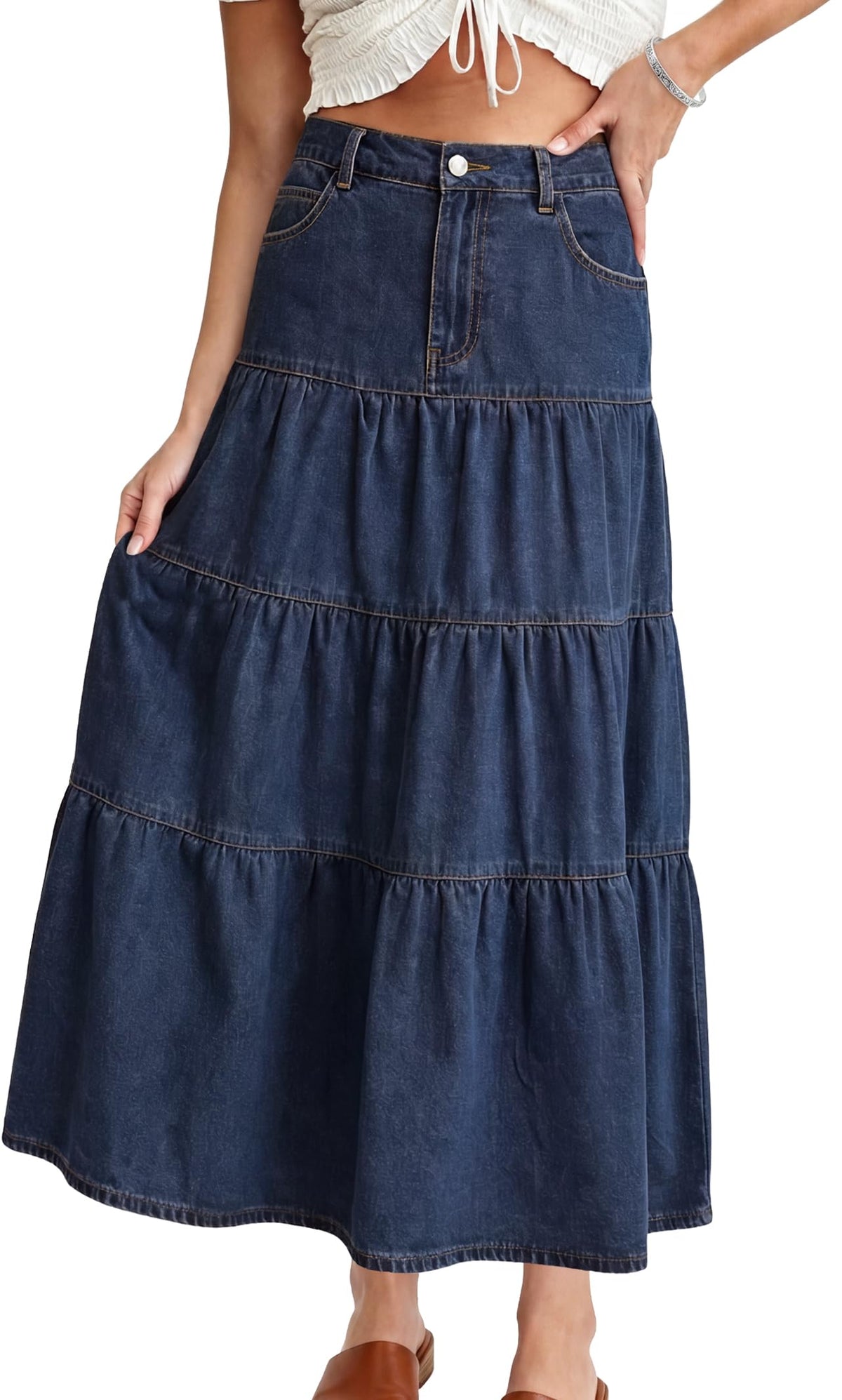 Womens Long Denim Skirt Tiered High Elastic Waist Jean Maxi Skirts