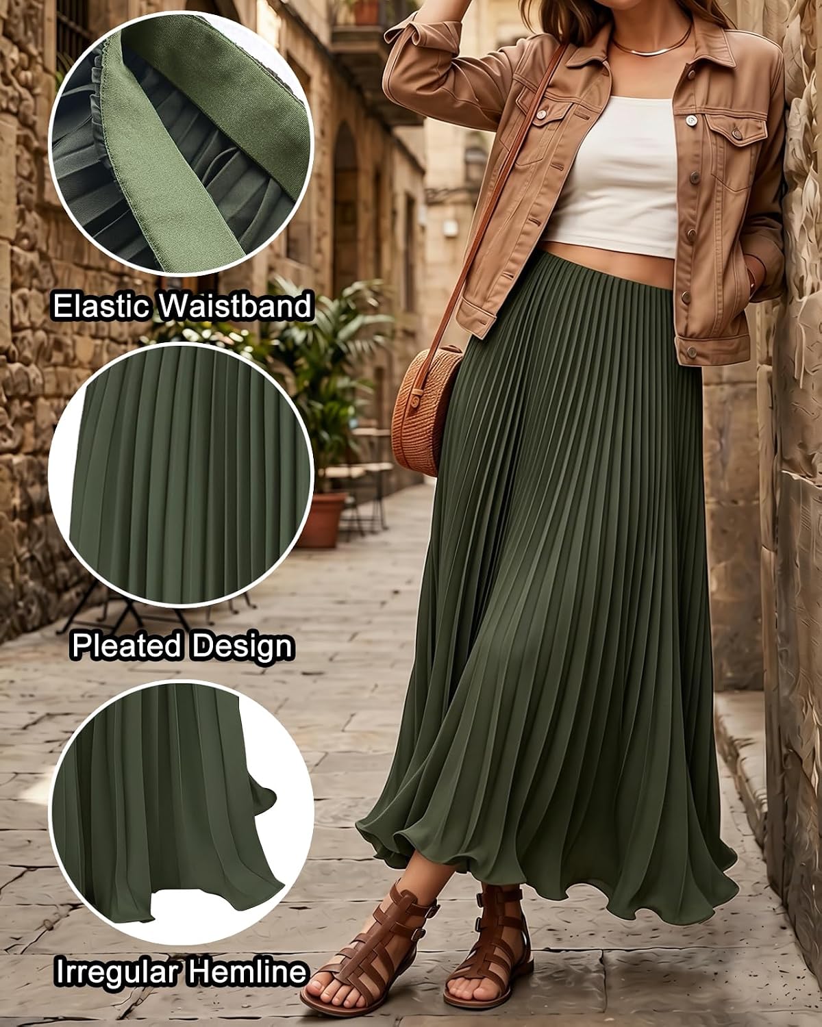 Women's Pleated Maxi Skirt High Waisted A-Line Swing Long Skirts