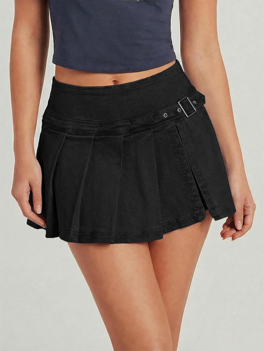 EMMIOL Denim Mini Skirt for Women - Mid Waisted Stretch Side Zipper Skort Y2k Casual Jean Skirts with Shorts Underneath