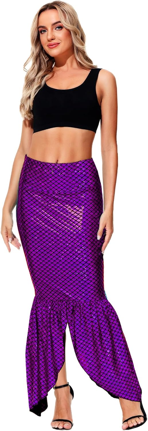 AOBUTE Women Mermaid Costume Skirt Shiny Maxi Fish Skirts Halloween Cosplay Outfits