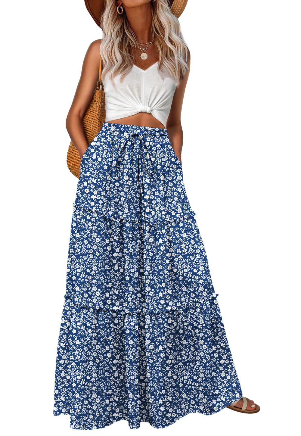 Lepunuo Womens Casual Boho High Waisted Flowy Maxi Skirts Tiered Floral Long Skirts with Pockets for Summer Beach Vacation