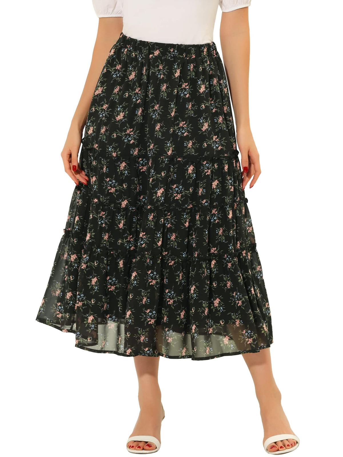 Allegra K Women's Floral Skirt Chiffon A-line Long Tiered Ruffle Maxi Skirt