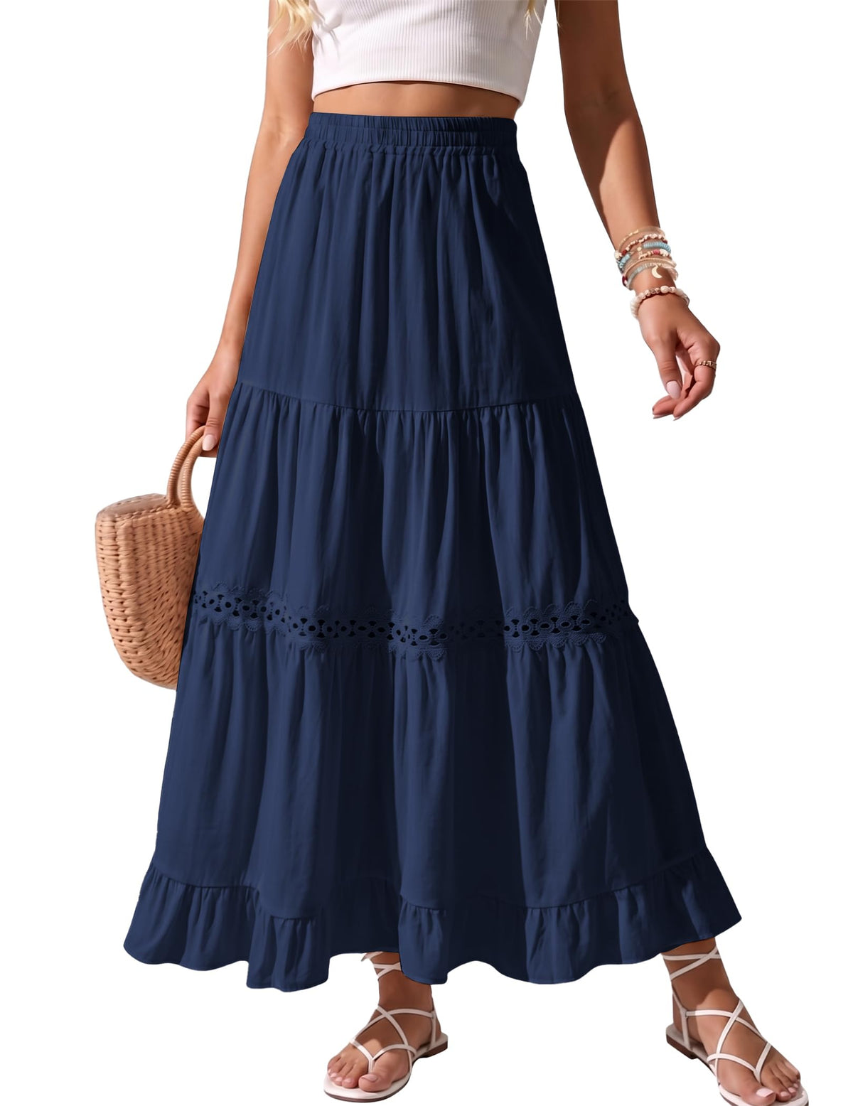Womens Long Maxi Cotton Summer Boho Tiered A Line Skirts
