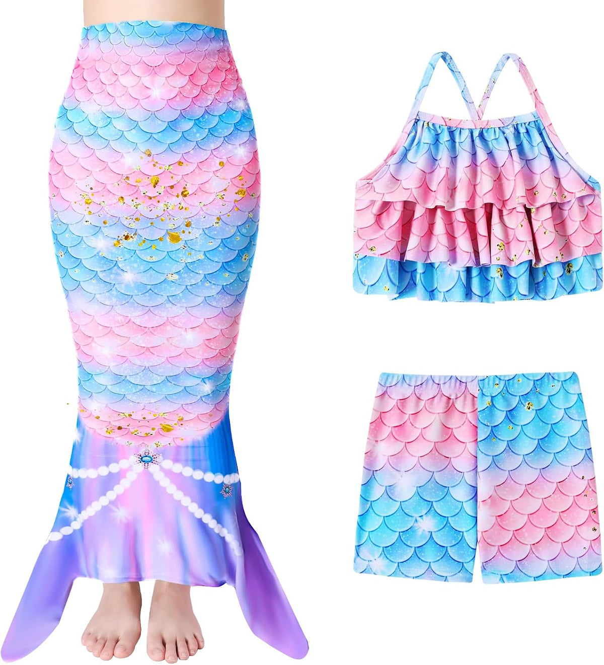 Girls Mermaid Swimwear 3 Piece Tankini Outfit for Ages 4-10
