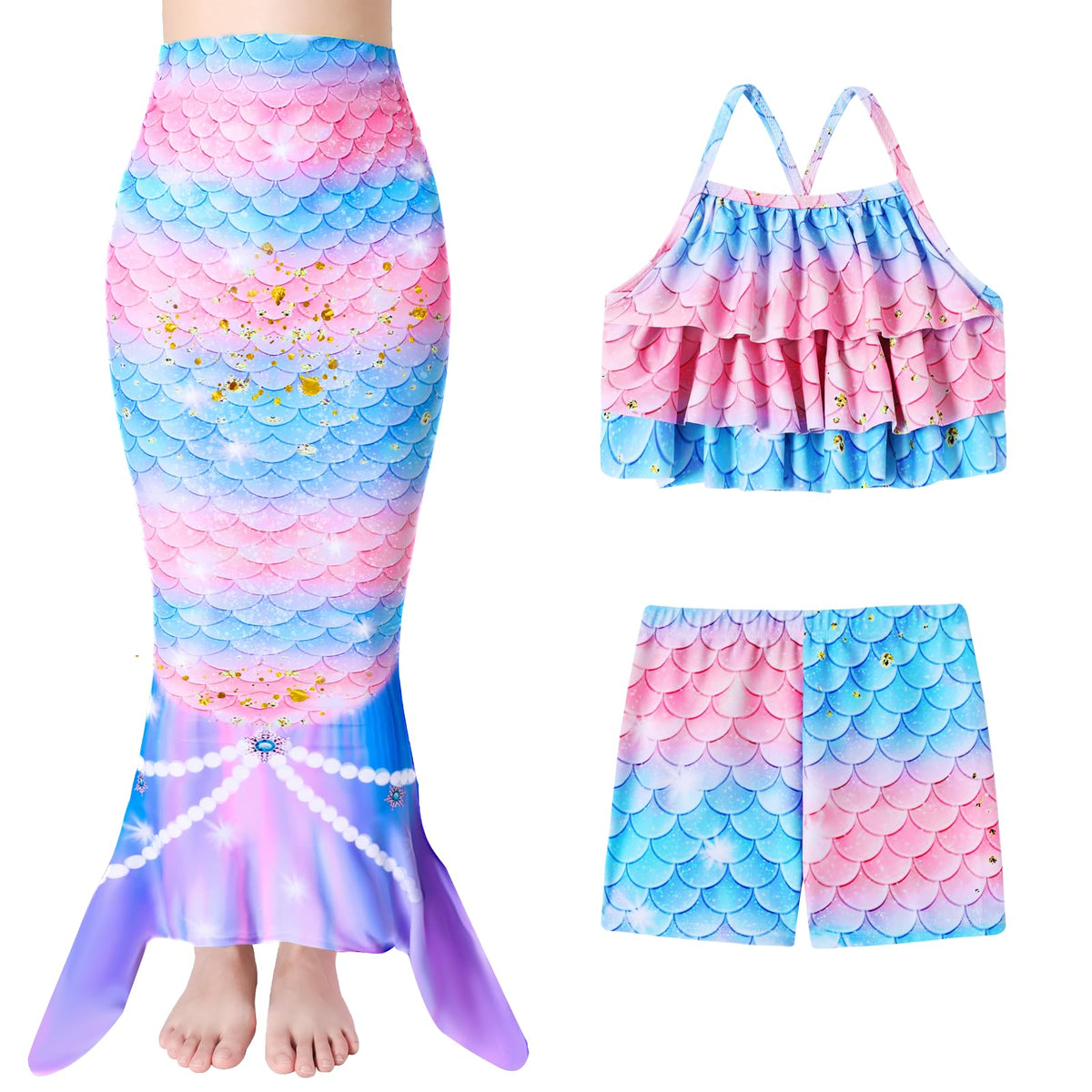 Girls Mermaid Swimwear 3 Piece Tankini Outfit for Ages 4-10