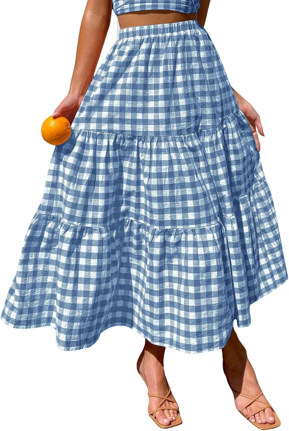 ebossy Women's Candy Color Slim Fit Elastic High Waist Plaid Gingham Tiered Flowy Boho Maxi Skirts with Pockets
