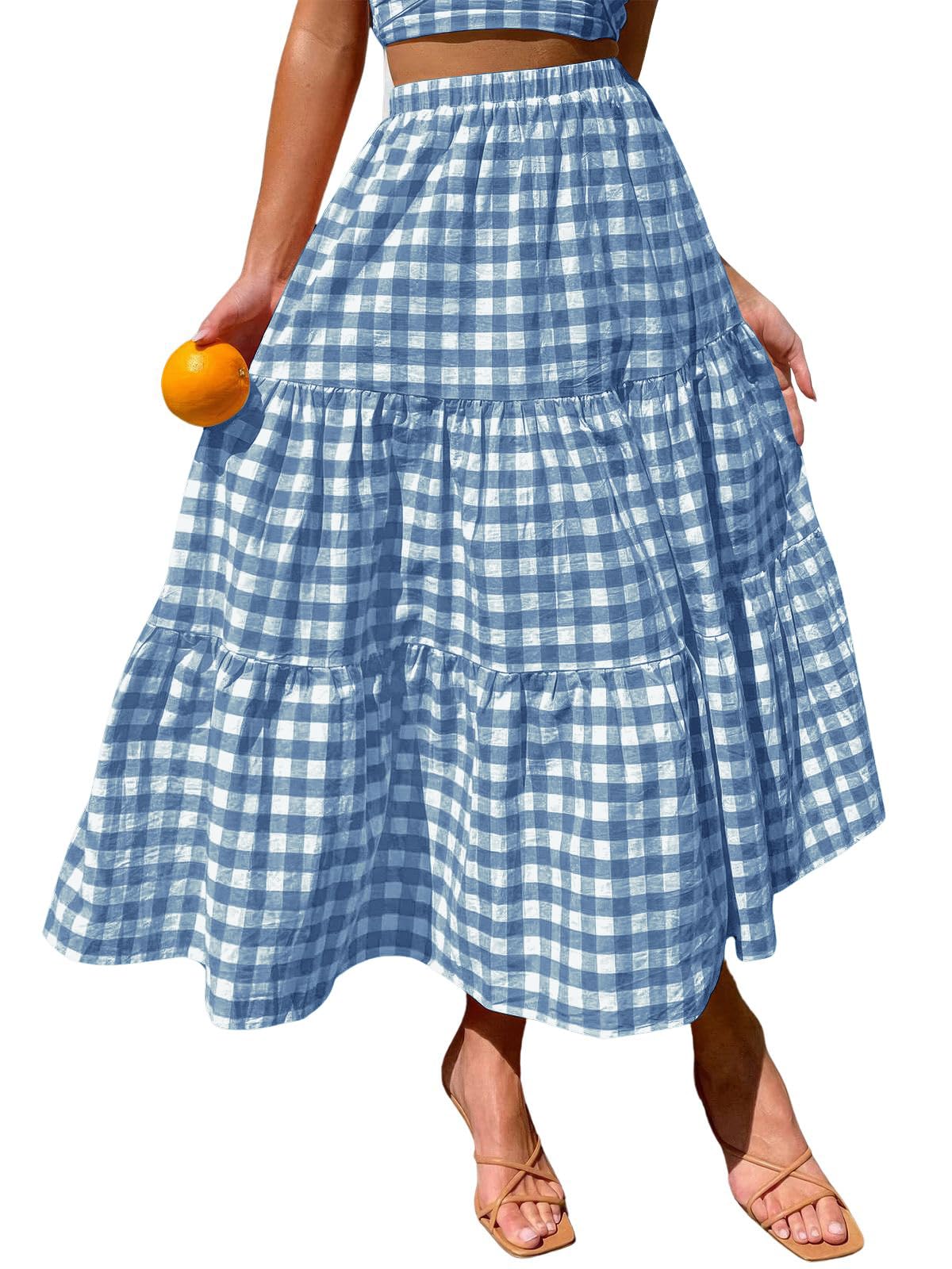 ebossy Women's Candy Color Slim Fit Elastic High Waist Plaid Gingham Tiered Flowy Boho Maxi Skirts with Pockets