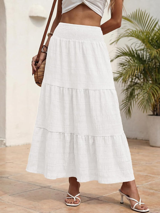 Women's Boho Maxi Skirts 2026 Summer Smocked Tiered A Line Long Flowy Beach Vacation Skirt with Pockets