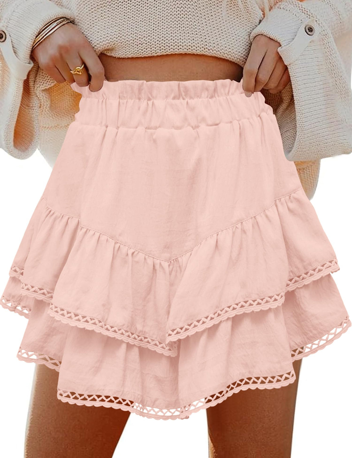 LOMON Flowy Skorts for Women Ruffle Tiered High Waist Crochet Mini Skirts