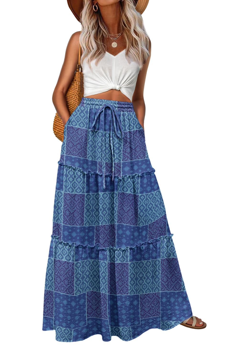 Lepunuo Womens Casual Boho High Waisted Flowy Maxi Skirts Tiered Floral Long Skirts with Pockets for Summer Beach Vacation