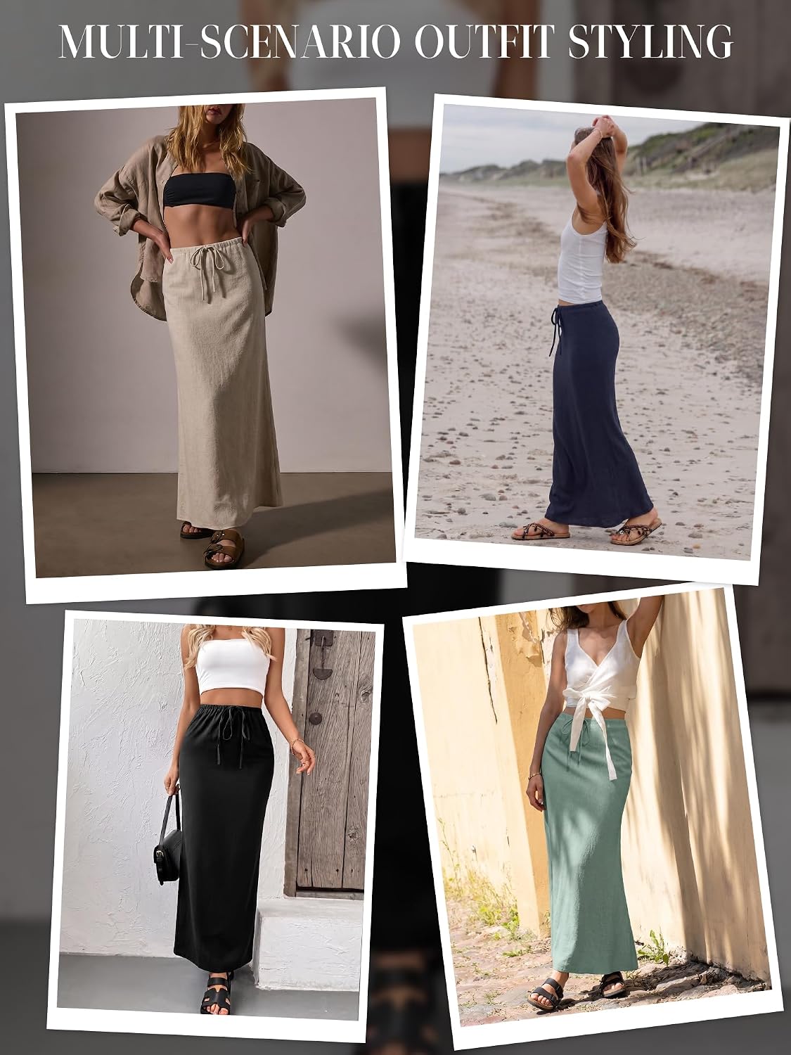 ELLEVEN Linen Flared Maxi Skirt, Boho Flowy Ankle-Length Skirts for Women