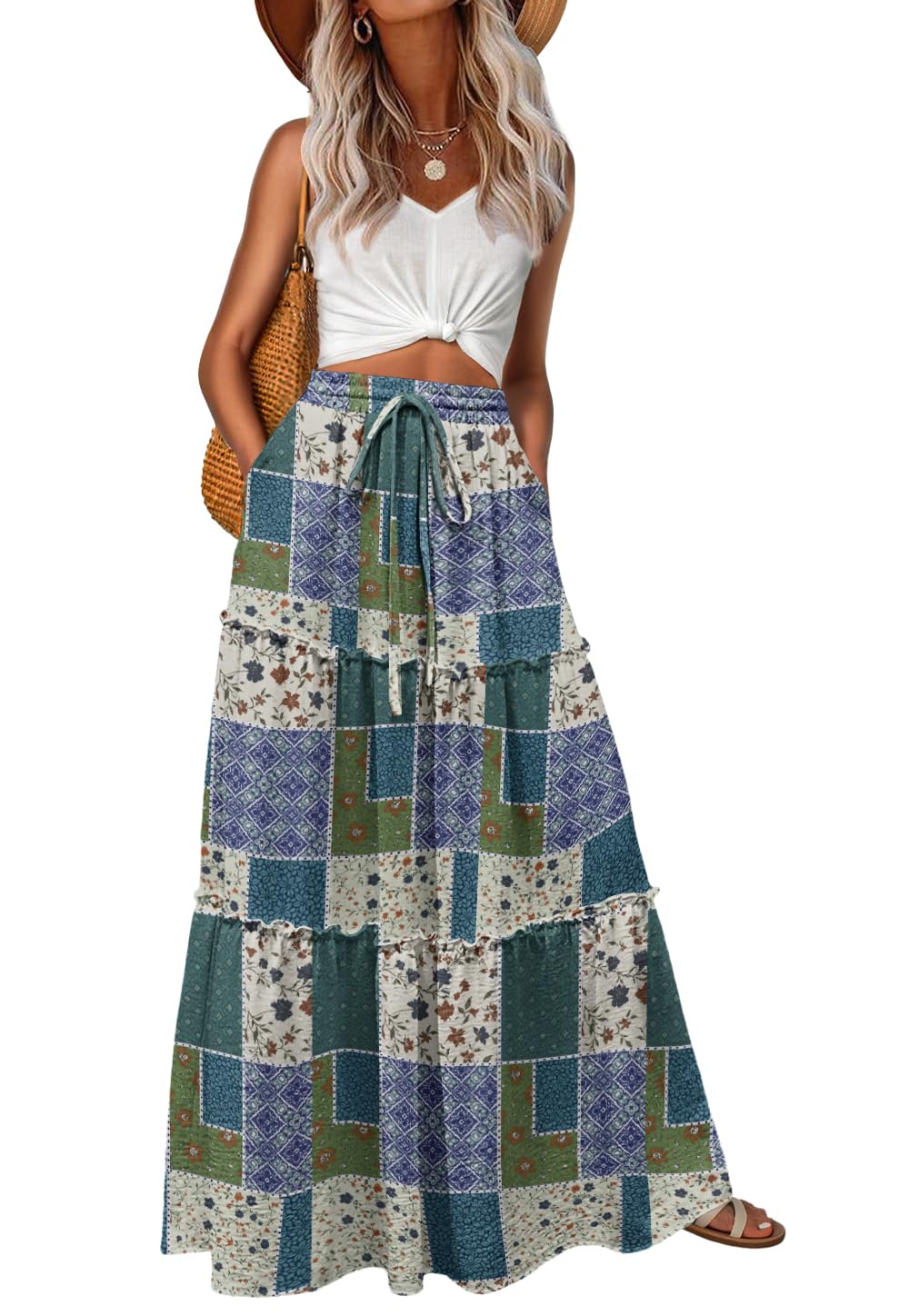 Lepunuo Womens Casual Boho High Waisted Flowy Maxi Skirts Tiered Floral Long Skirts with Pockets for Summer Beach Vacation