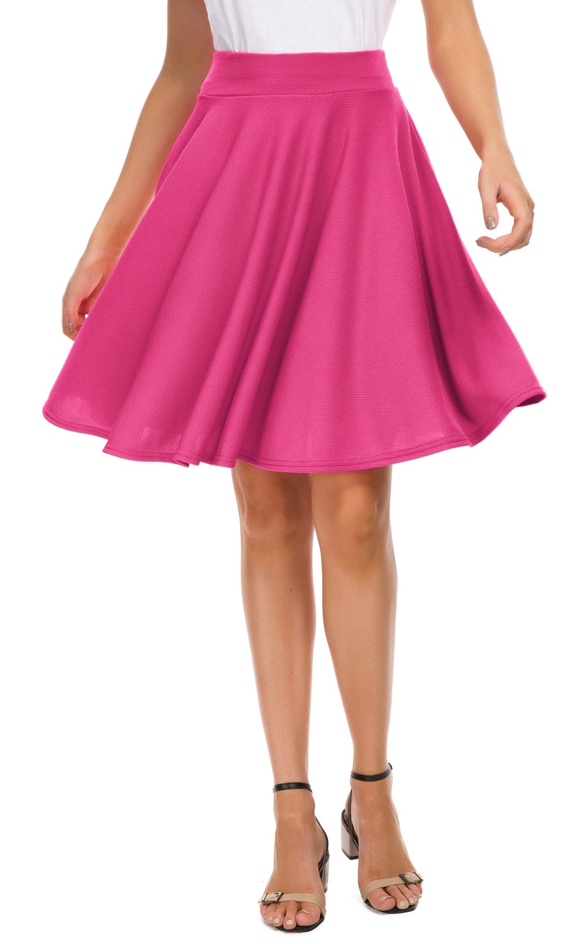 EXCHIC Women's Casual Stretchy Flared Mini Skater Skirt Basic A-Line Pleated Midi Skirt