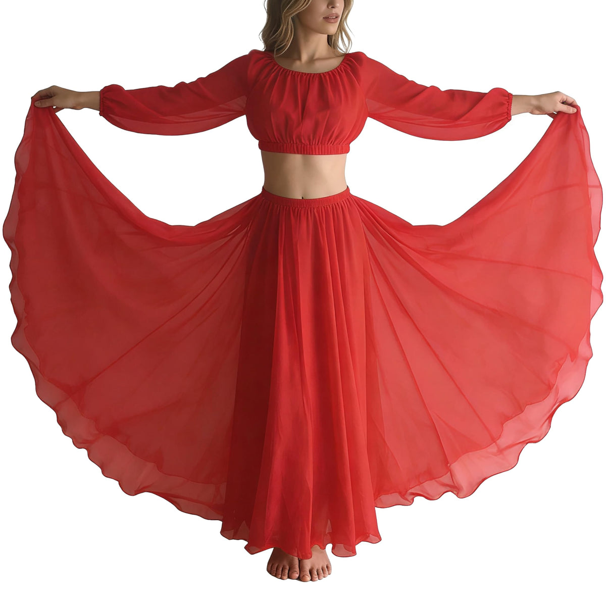 Wuchieal Women's Belly Dance Skirts Tribal Chiffon Full Skirts,Praise Dance Skirt,Mexican Skirt