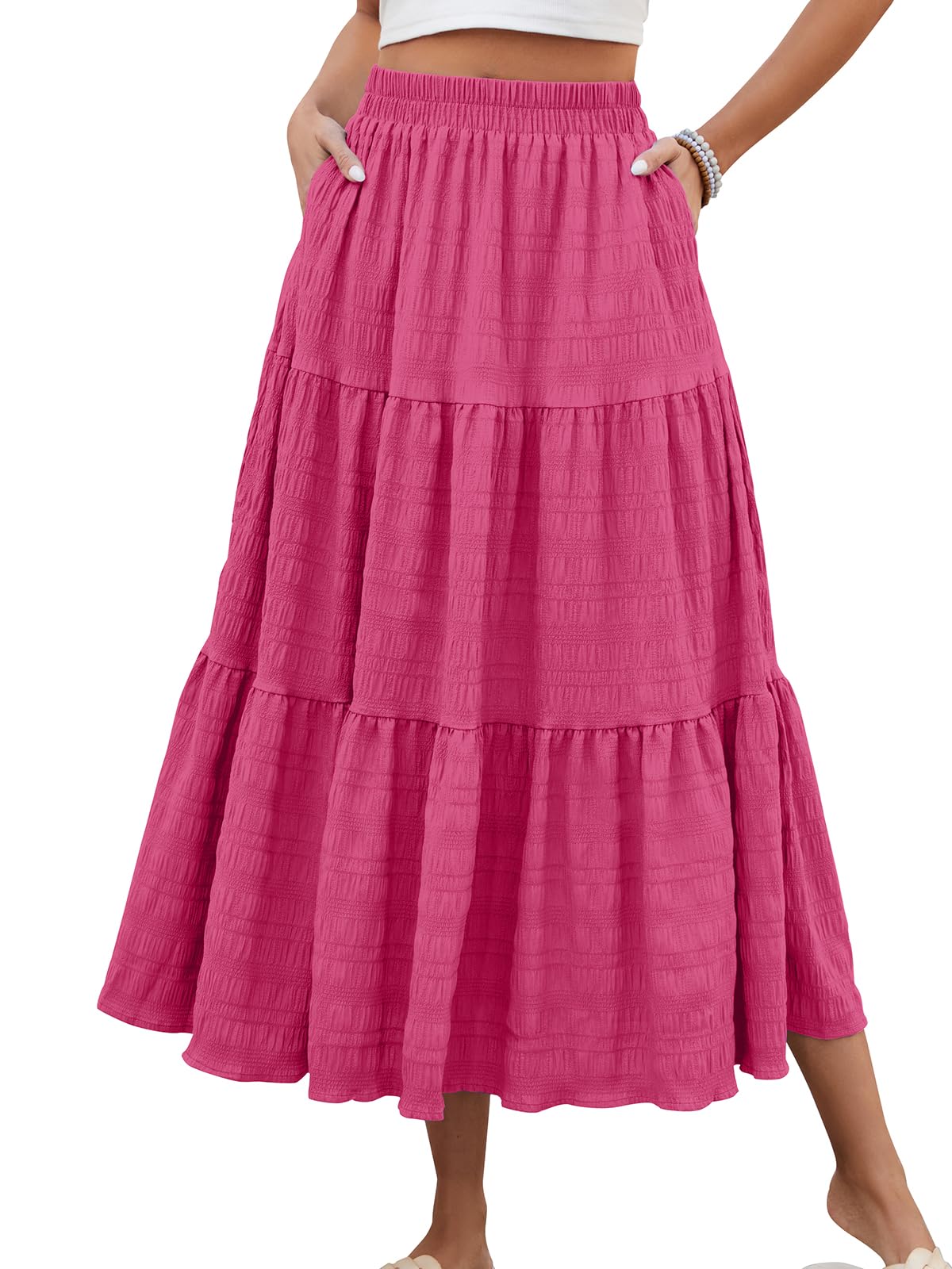 HUSKARY Women's Summer Casual Elegant Smock Layered Tiered Maxi Skirt High Waisted A Line Flowy Long Skirts with Pockets