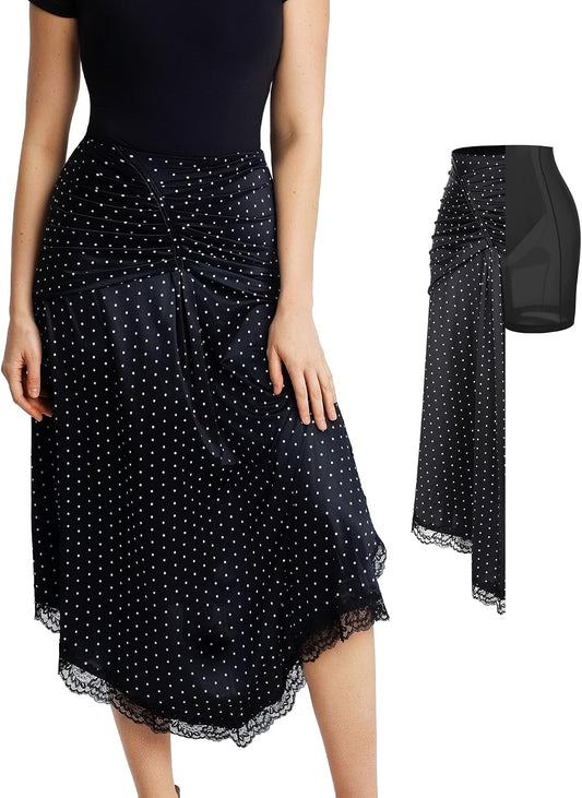 Popilush Satin Midi Skirts for Women Built in Shapewear Lace Flowy Skirts