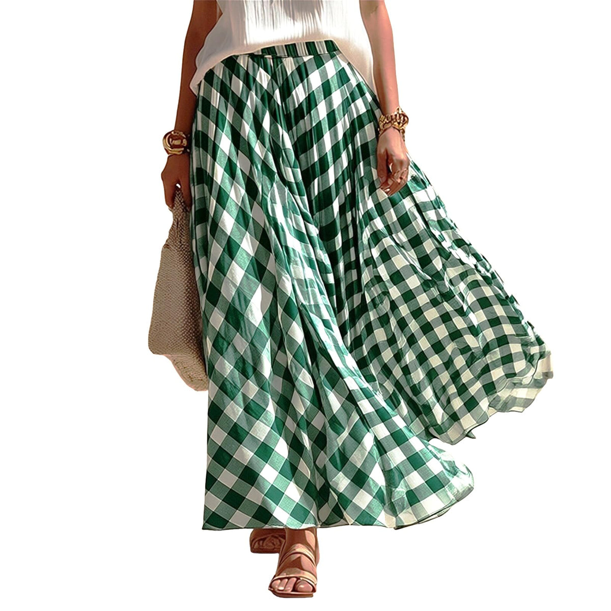 Women Vintage Checkered Plaid Maxi Skirt High Waisted Flowy A Line Casual Long Skirt