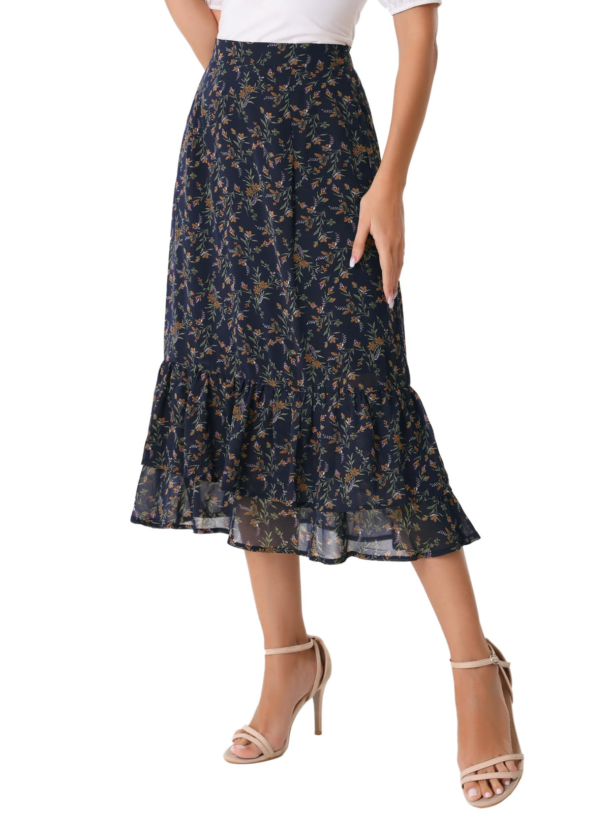 Allegra K Women's Printed Skirt Chiffon Ruffle Tiered Flowy Midi Skirts
