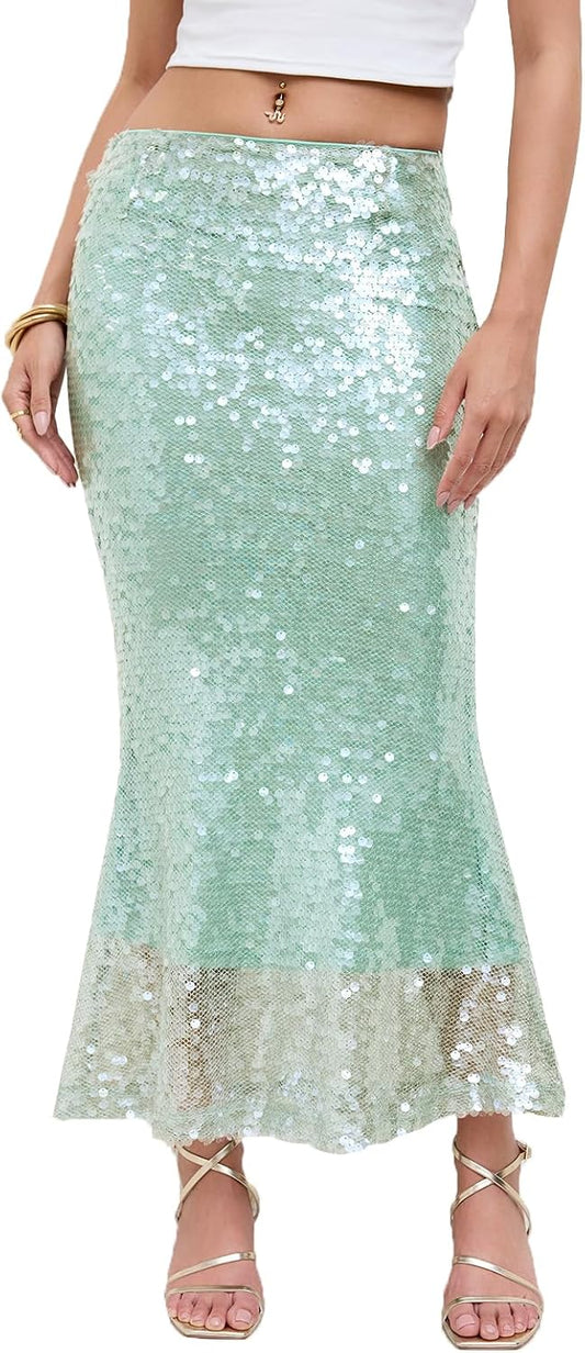Women Mid Rise Sequin Mermaid Maxi Skirt Mesh Layered Sparkly Long Skirt