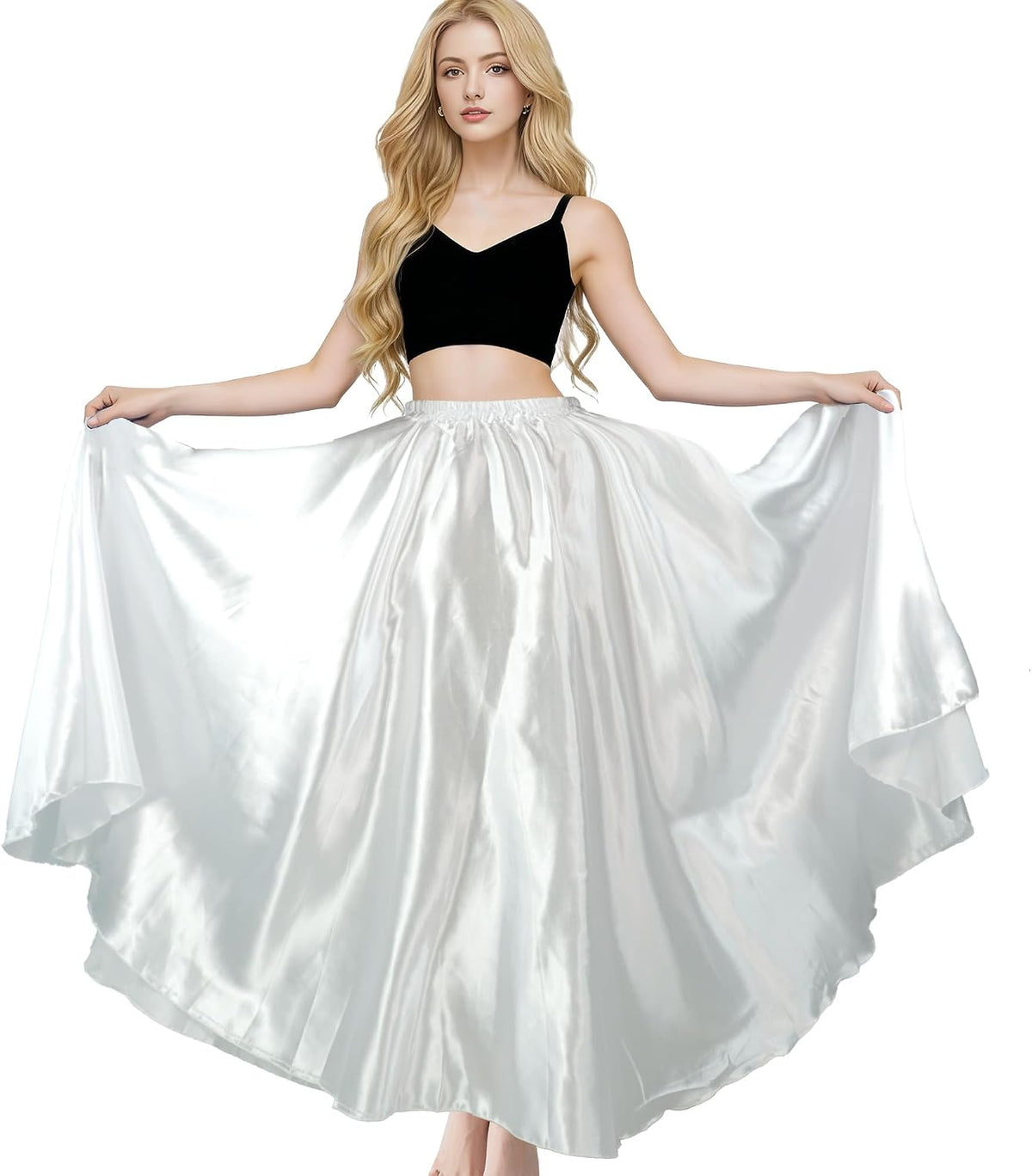 MUNAFIE Women's Maxi Satin Skirt, Long Flowy Belly Dance Skirt for Praise Dance, Fairy Costume, Elastic Waist