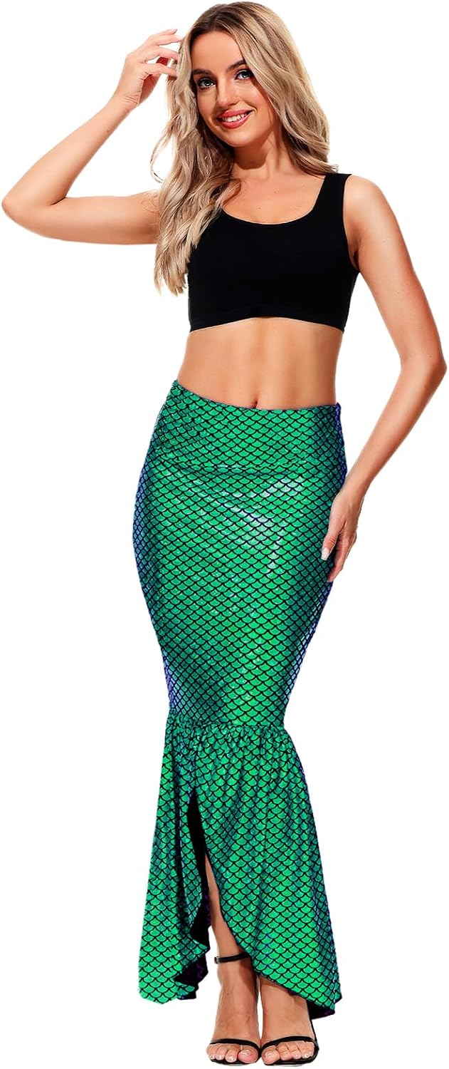 AOBUTE Women Mermaid Costume Skirt Shiny Maxi Fish Skirts Halloween Cosplay Outfits