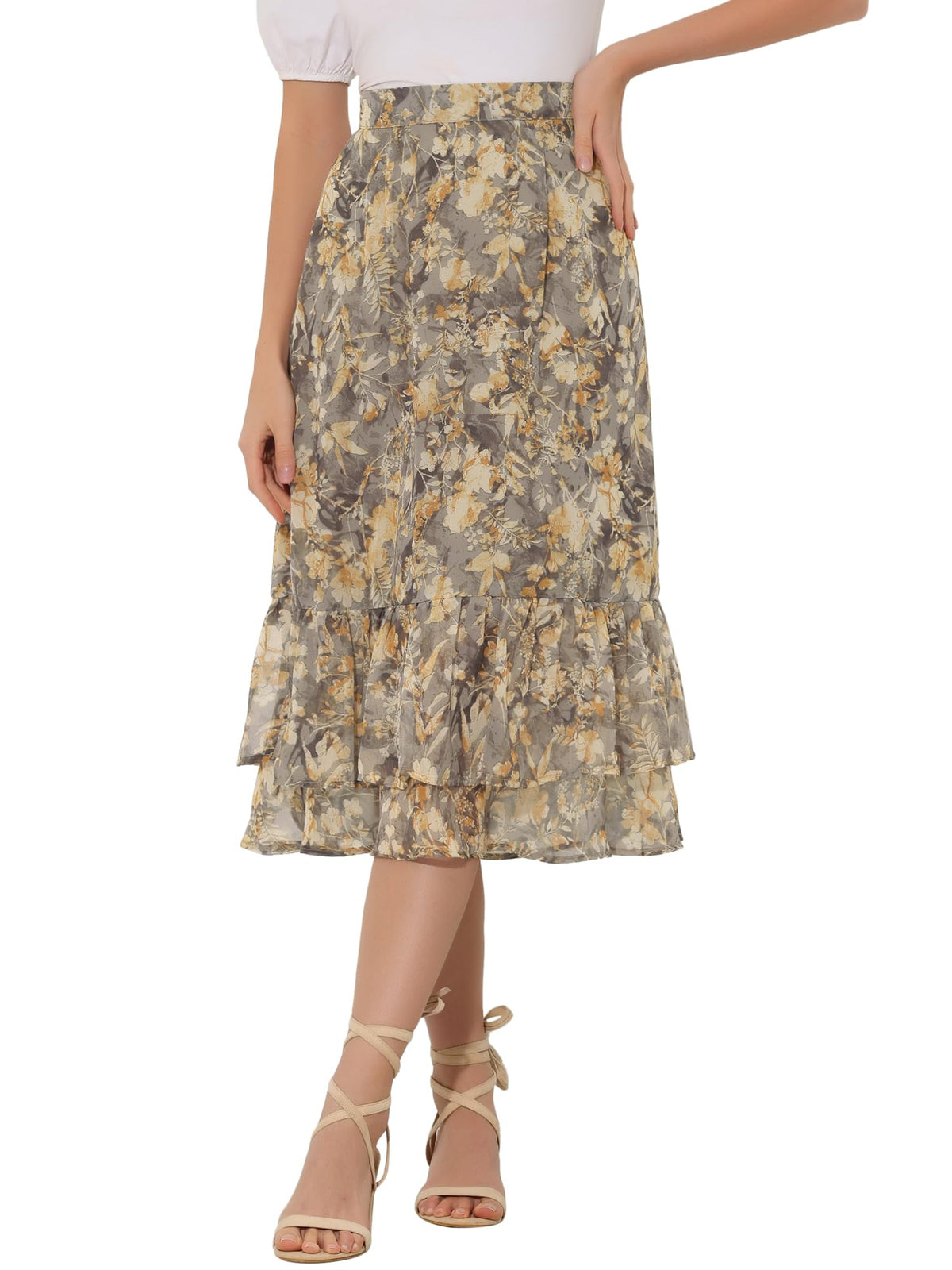 Allegra K Women's Printed Skirt Chiffon Ruffle Tiered Flowy Midi Skirts