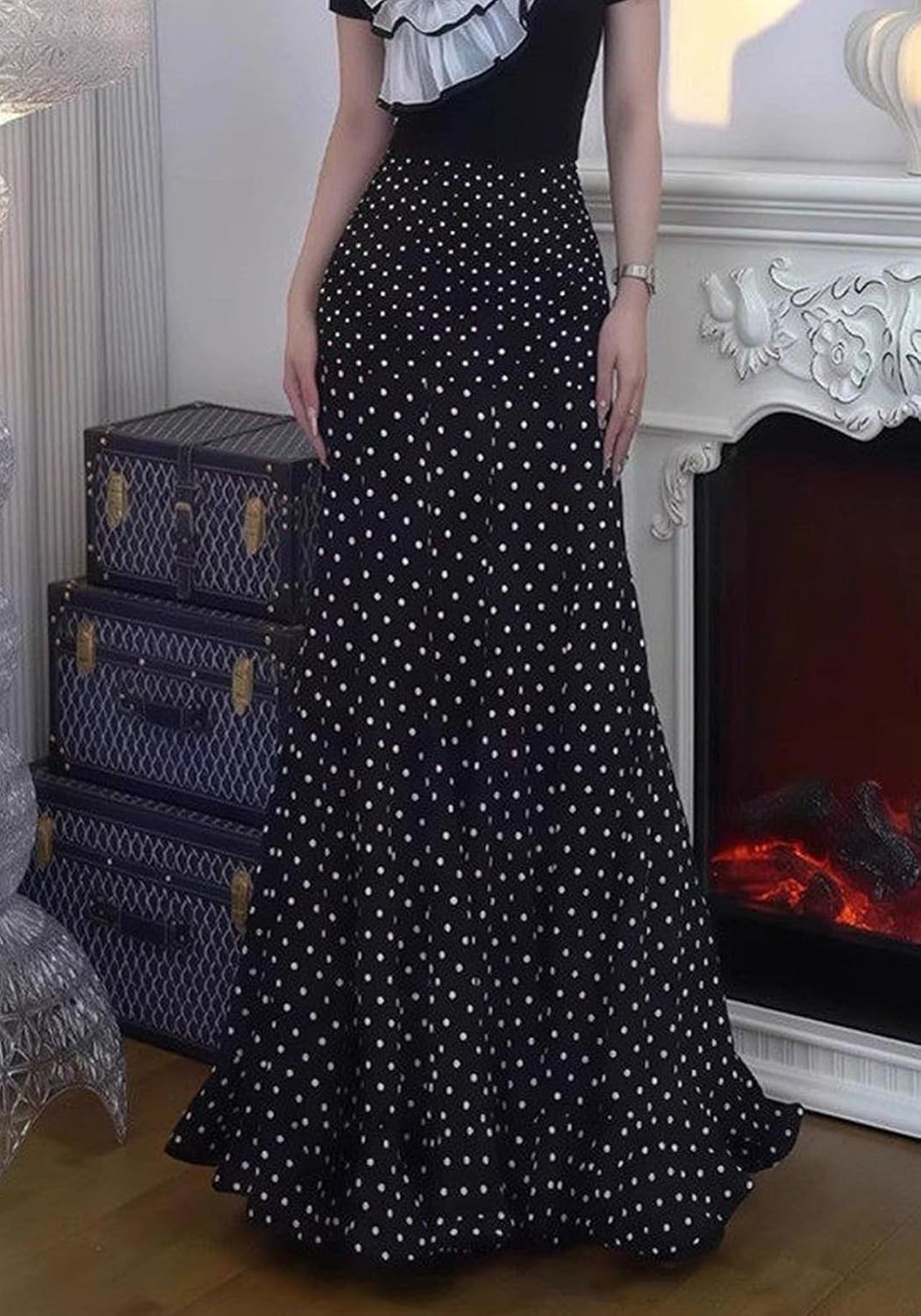 Women's Chiffon Polka Dot Maxi Skirt Ruched Mermaid Ruffle Skirts