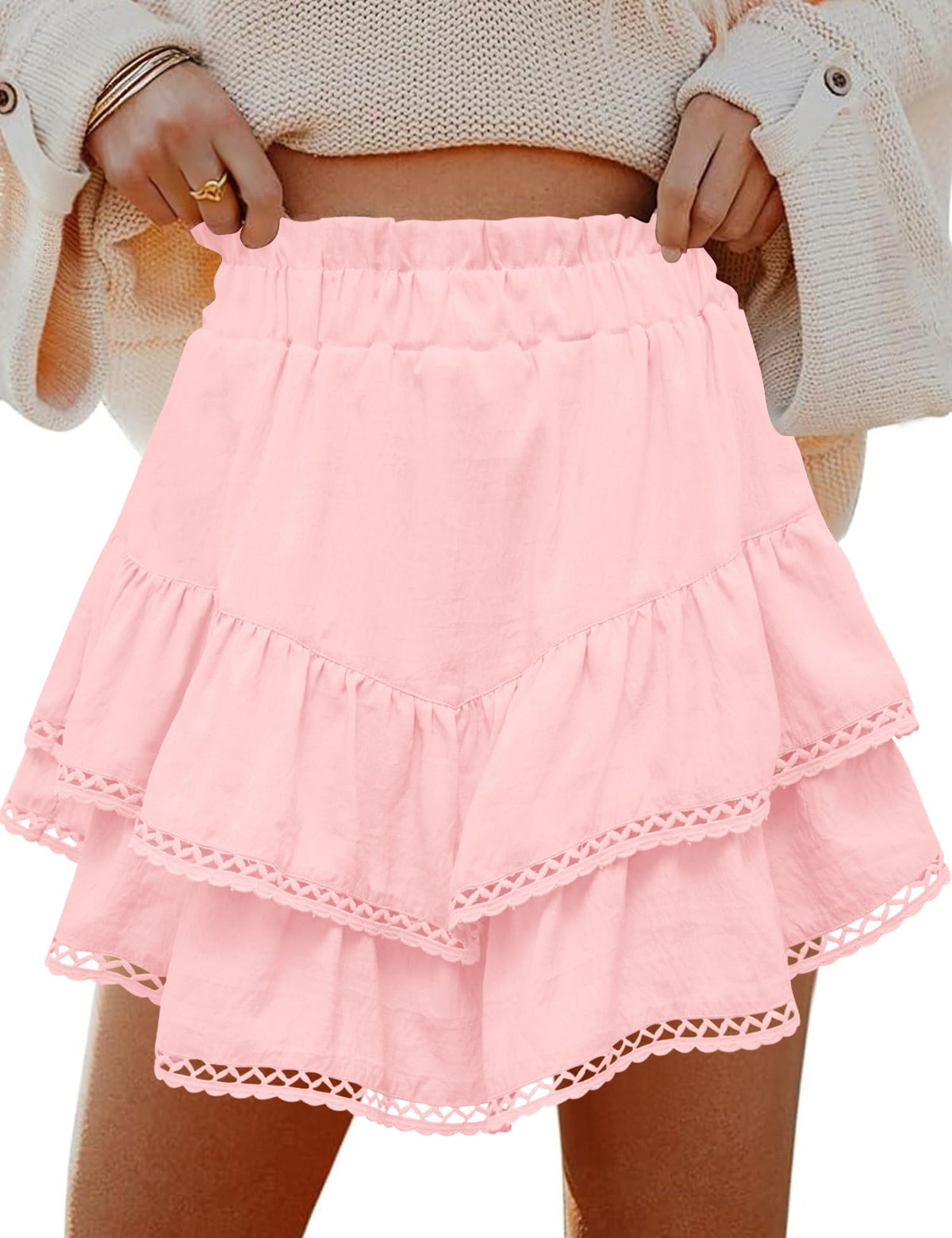 LOMON Flowy Skorts for Women Ruffle Tiered High Waist Crochet Mini Skirts