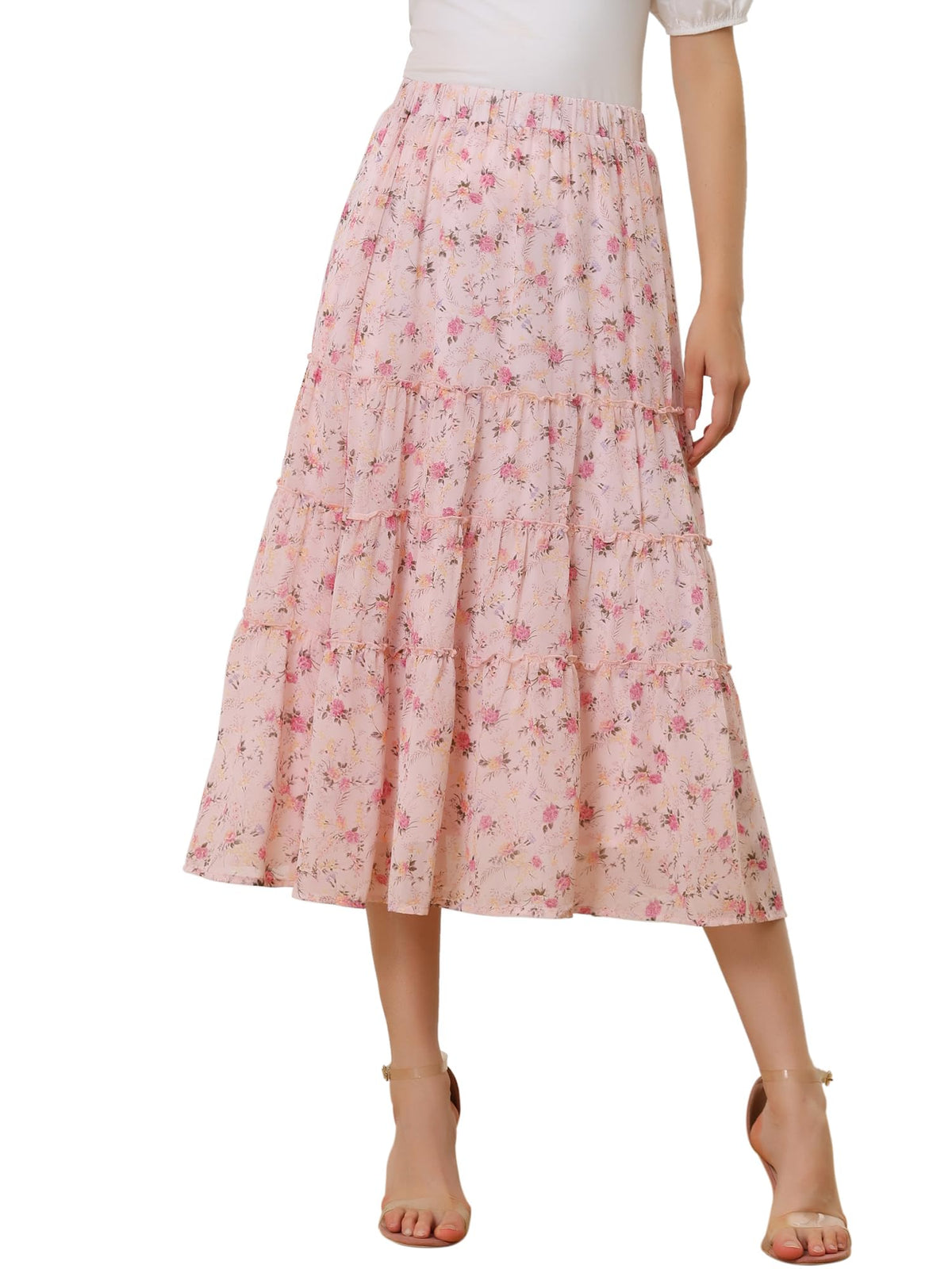 Allegra K Women's Floral Skirt Chiffon A-line Long Tiered Ruffle Maxi Skirt