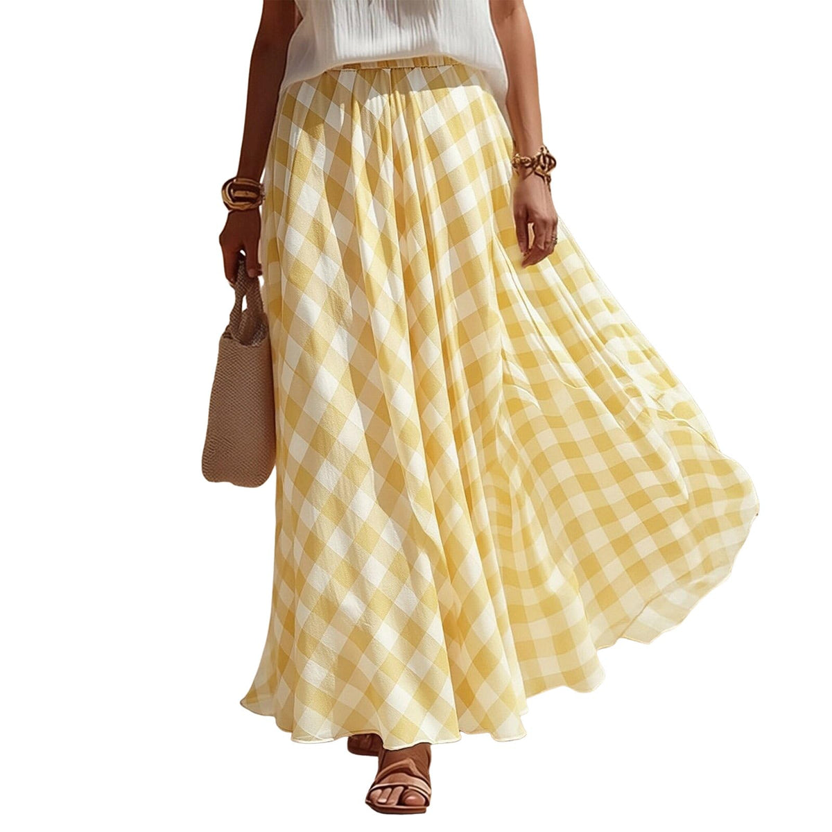 Women Vintage Checkered Plaid Maxi Skirt High Waisted Flowy A Line Casual Long Skirt